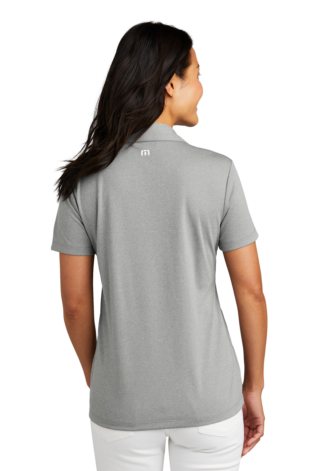 TravisMathew TM1WX002 Womens Coto Performance Wrinkle Resistant Short Sleeve Polo Shirt Heather Quiet Shade Grey Model Back
