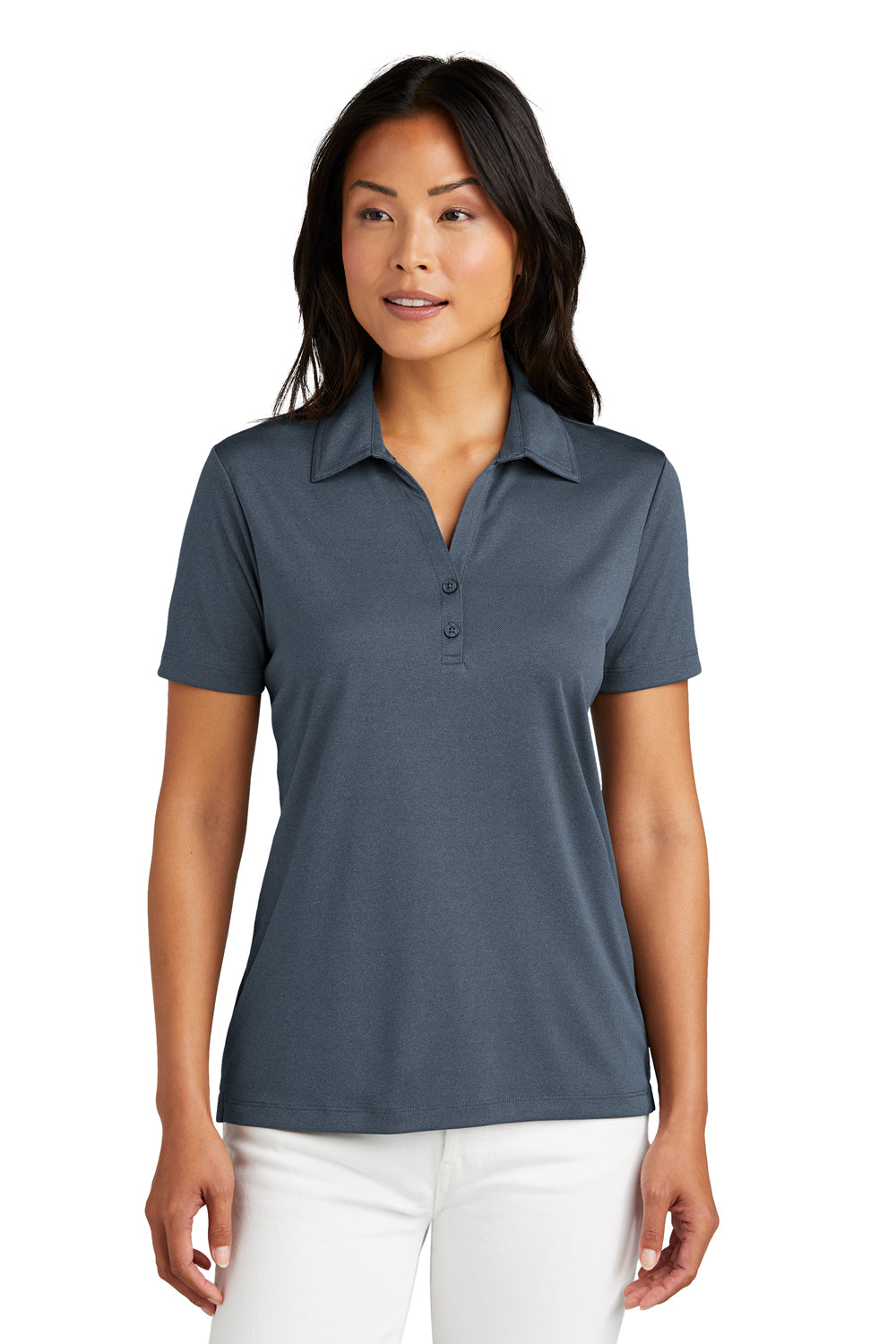 TravisMathew TM1WX002 Womens Coto Performance Wrinkle Resistant Short Sleeve Polo Shirt Vintage Indigo Blue/Black Model Front