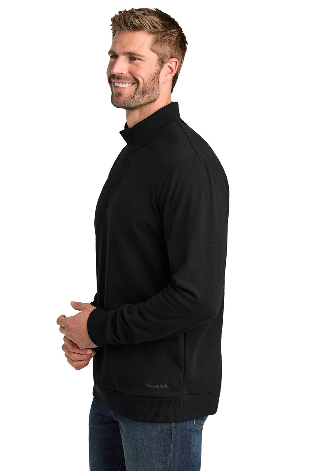 TravisMathew TMA41421 Mens Ocean Villa 1/4 Zip Sweatshirt Black Model Side