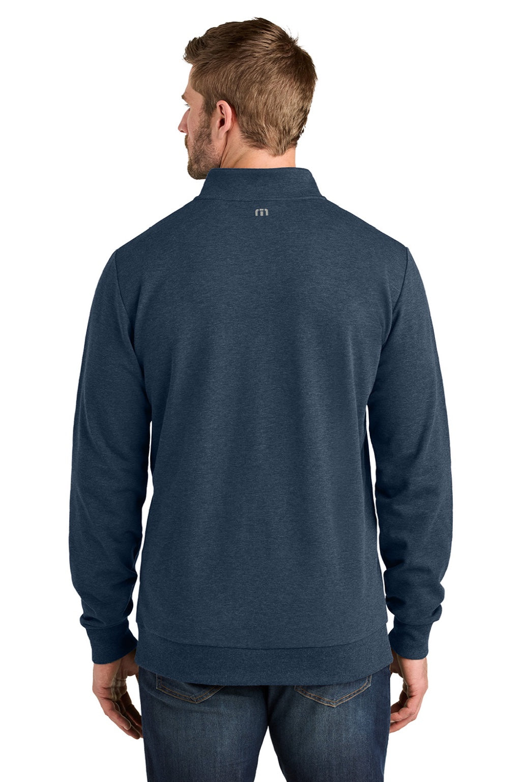 TravisMathew TMA41421 Mens Ocean Villa 1/4 Zip Sweatshirt Heather Blue Model Back