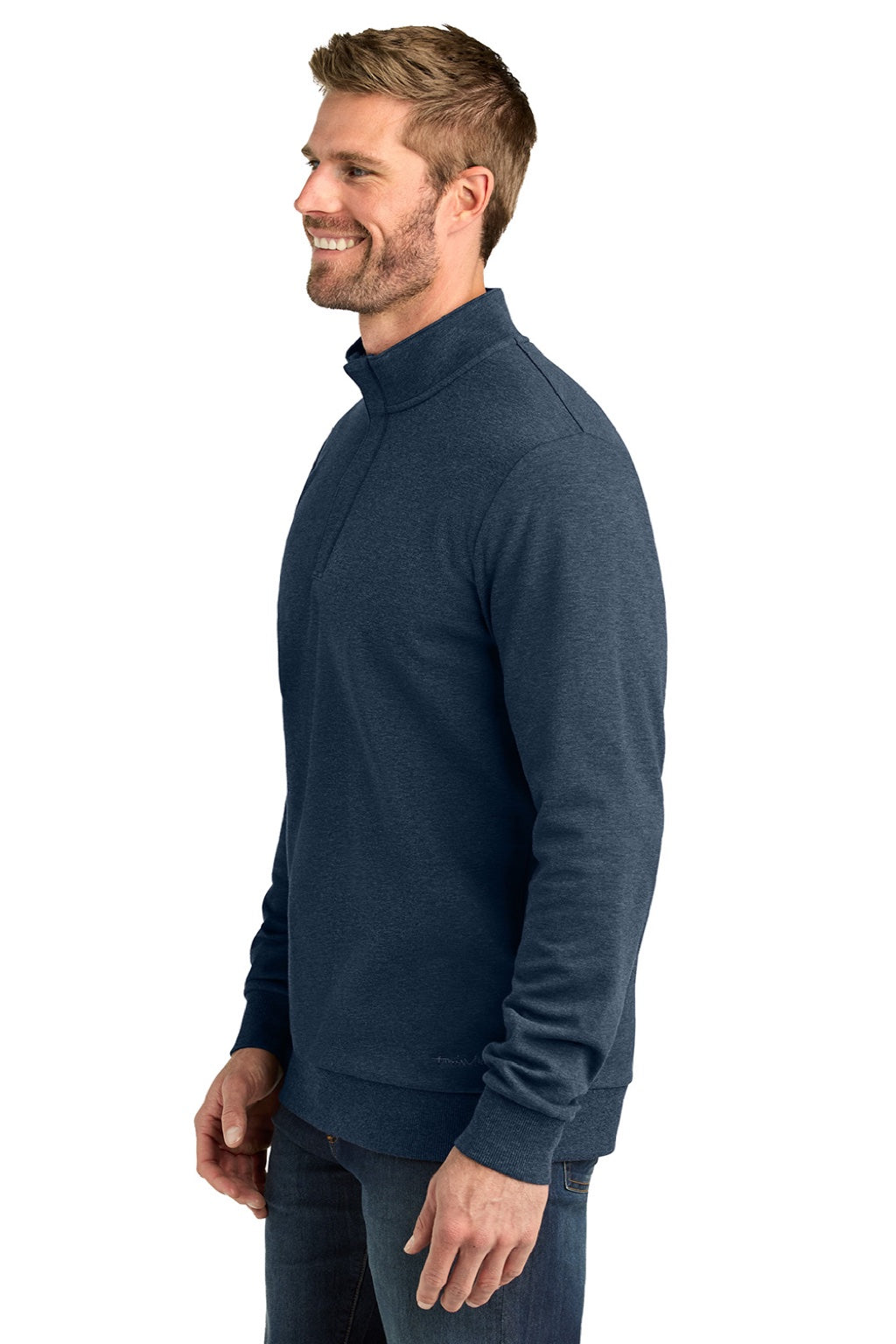 TravisMathew TMA41421 Mens Ocean Villa 1/4 Zip Sweatshirt Heather Blue Model Side