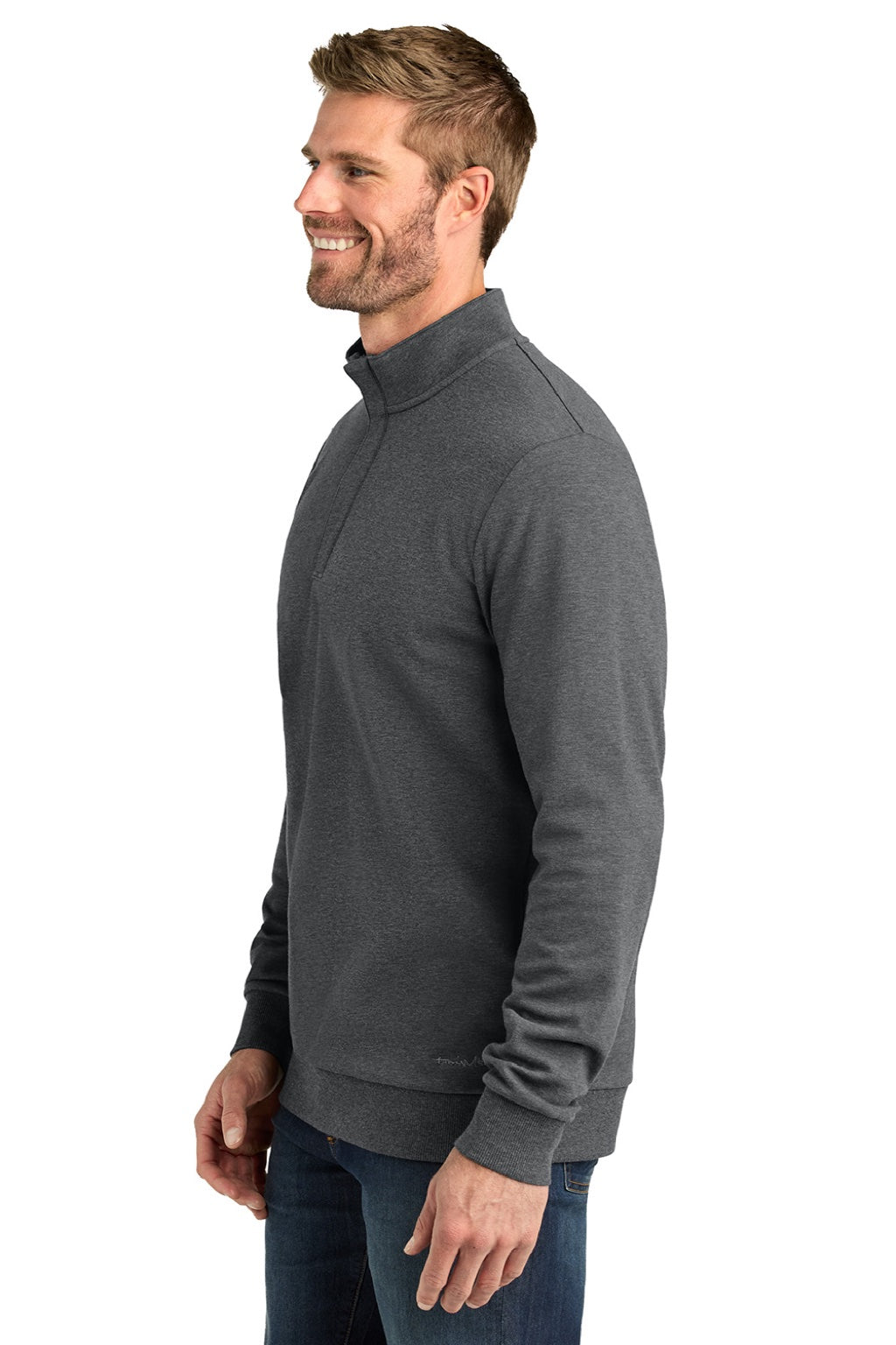 TravisMathew TMA41421 Mens Ocean Villa 1/4 Zip Sweatshirt Heather Dark Grey Model Side