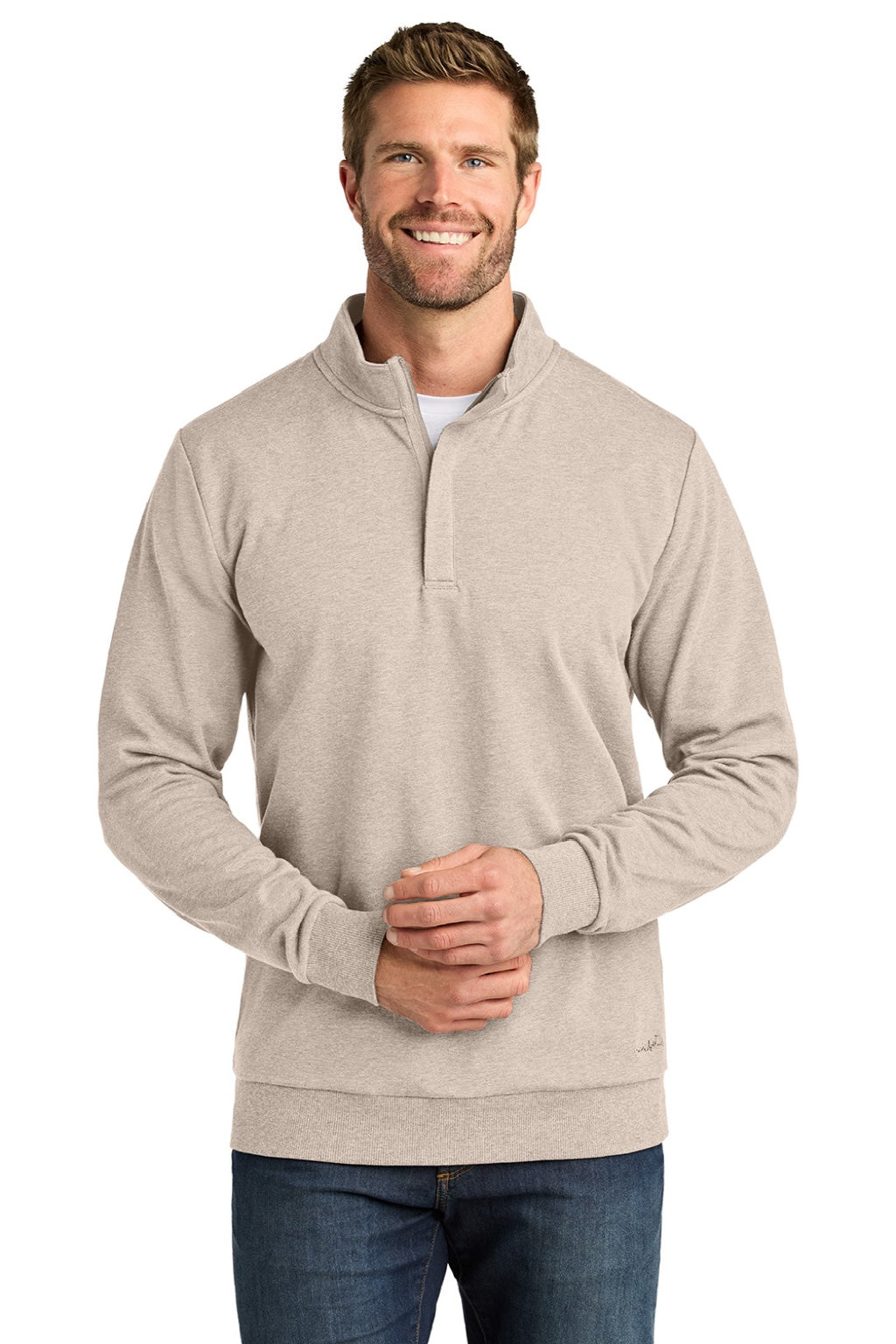 TravisMathew TMA41421 Mens Ocean Villa 1/4 Zip Sweatshirt Heather Natural Model Front