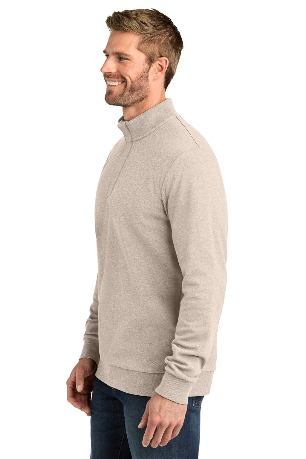 TravisMathew TMA41421 Mens Ocean Villa 1/4 Zip Sweatshirt Heather Natural Model Side