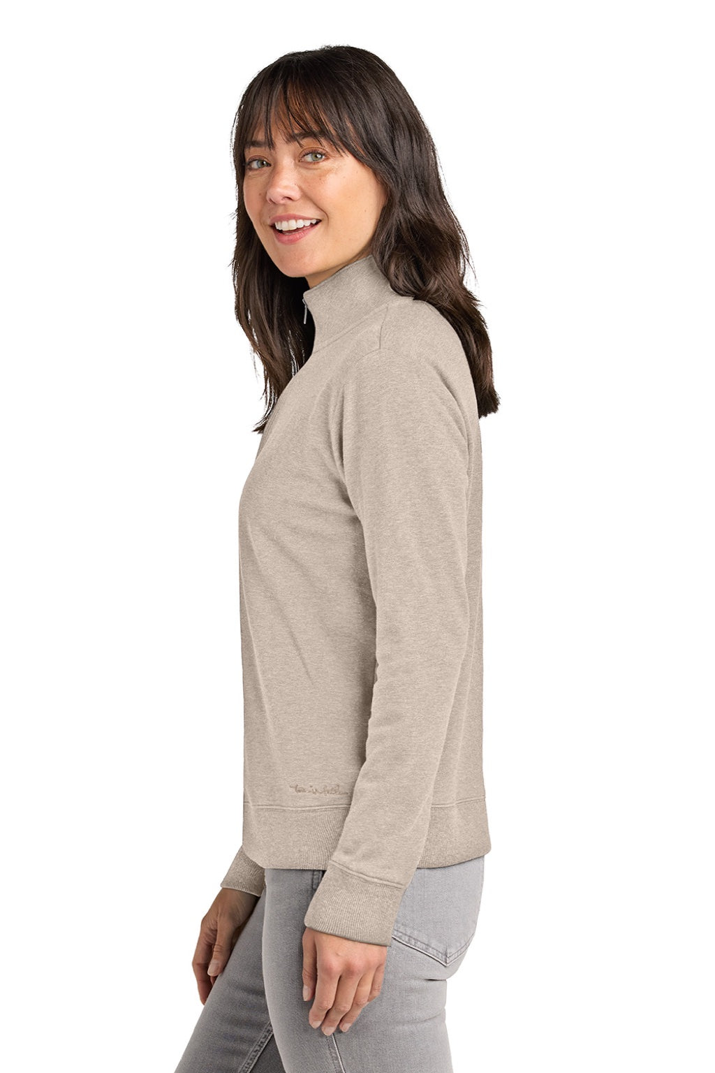 TravisMathew TMA41428 Womens Ocean Villa 1/4 Zip Sweatshirt Heather Natural Model Side