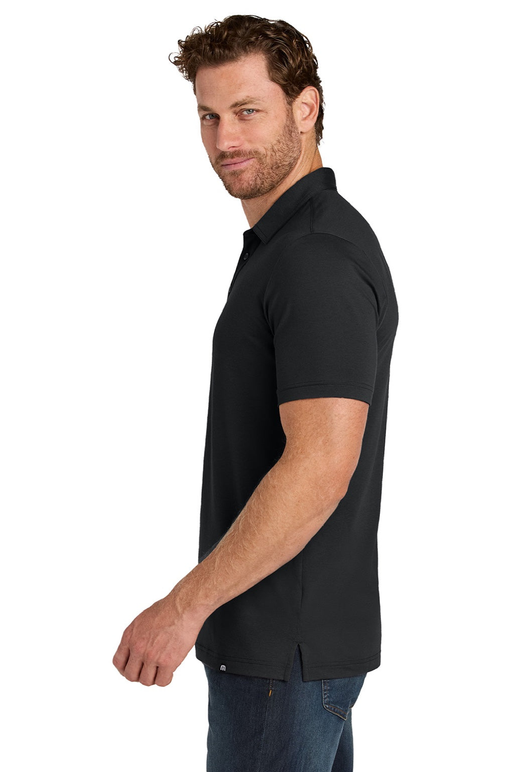 TravisMathew TMA41461 Mens Glenview Wrinkle Resistant Short Sleeve Polo Shirt Black Model Side