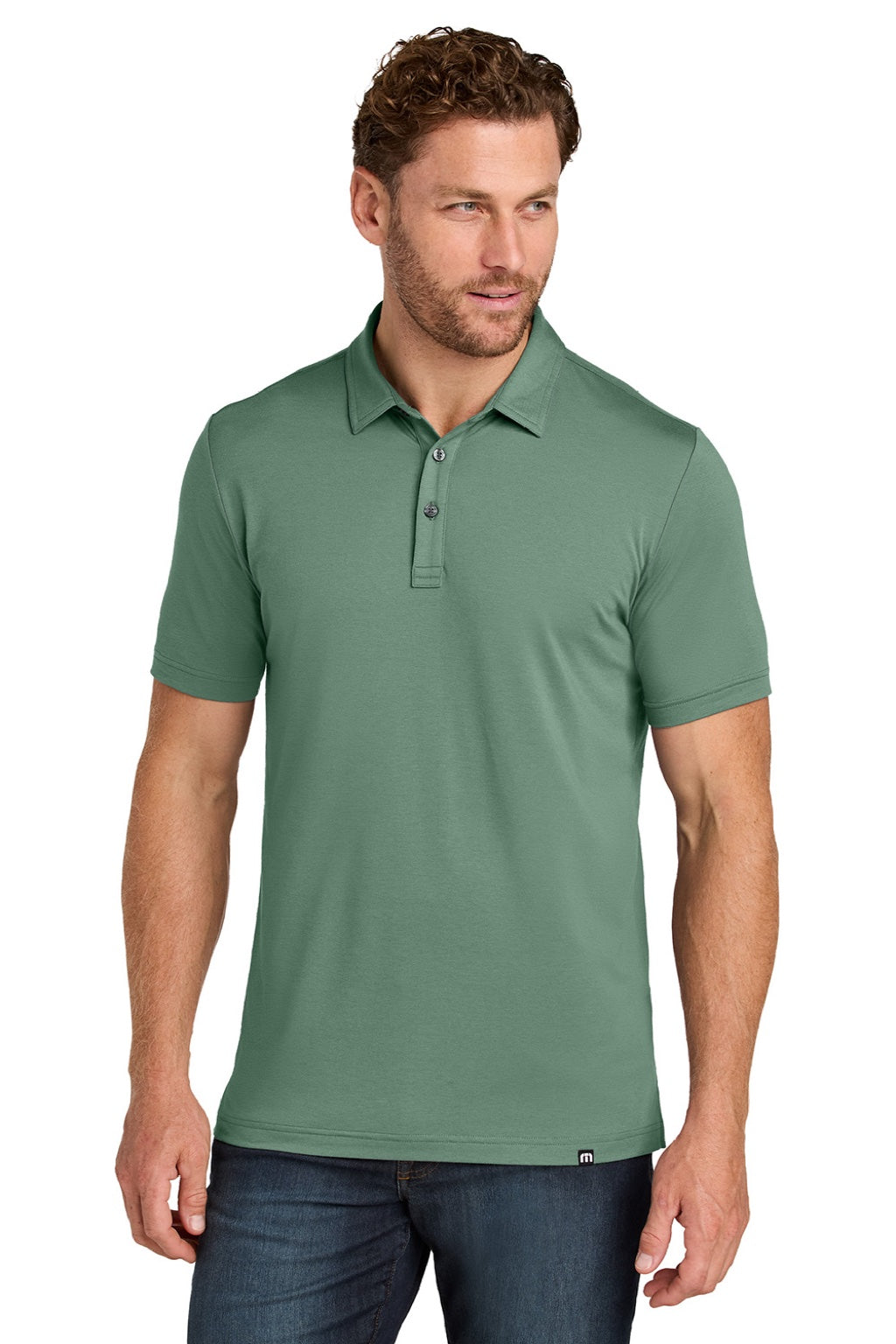 TravisMathew TMA41461 Mens Glenview Wrinkle Resistant Short Sleeve Polo Shirt Laurel Green Model Front