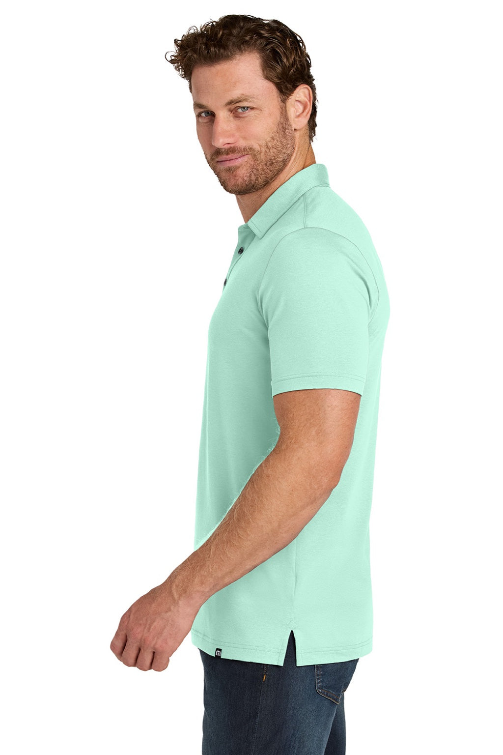 TravisMathew TMA41461 Mens Glenview Wrinkle Resistant Short Sleeve Polo Shirt Mint Green Model Side