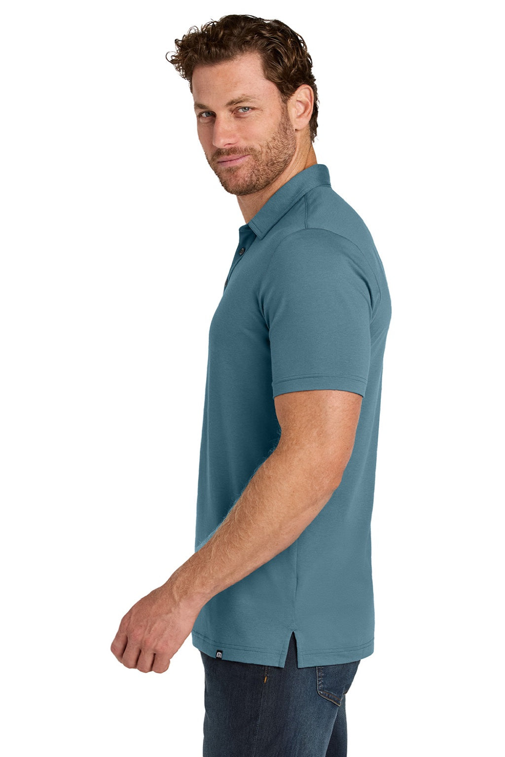 TravisMathew TMA41461 Mens Glenview Wrinkle Resistant Short Sleeve Polo Shirt Stellar Blue Model Side