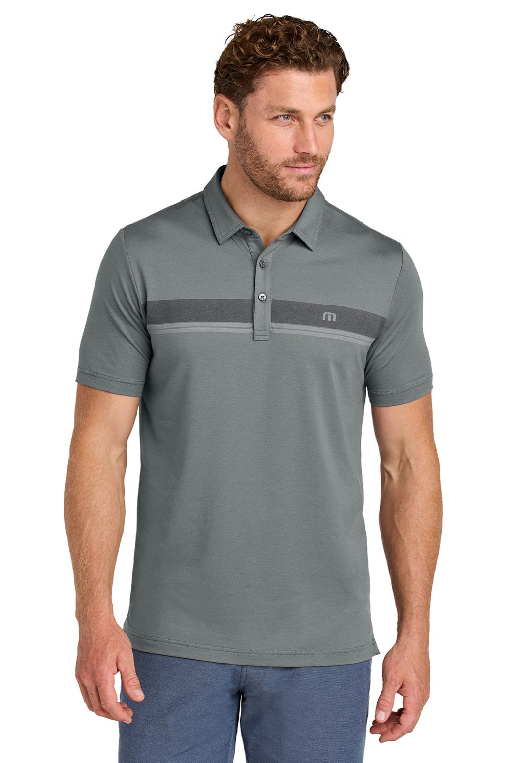 TravisMathew TMA41462 Mens Glenview Wrinkle Resistant Short Sleeve Polo Shirt Quiet Shade Grey Model Front