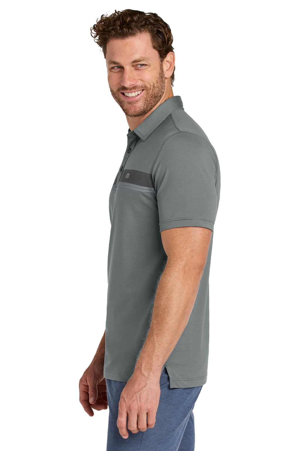 TravisMathew TMA41462 Mens Glenview Wrinkle Resistant Short Sleeve Polo Shirt Quiet Shade Grey Model Side