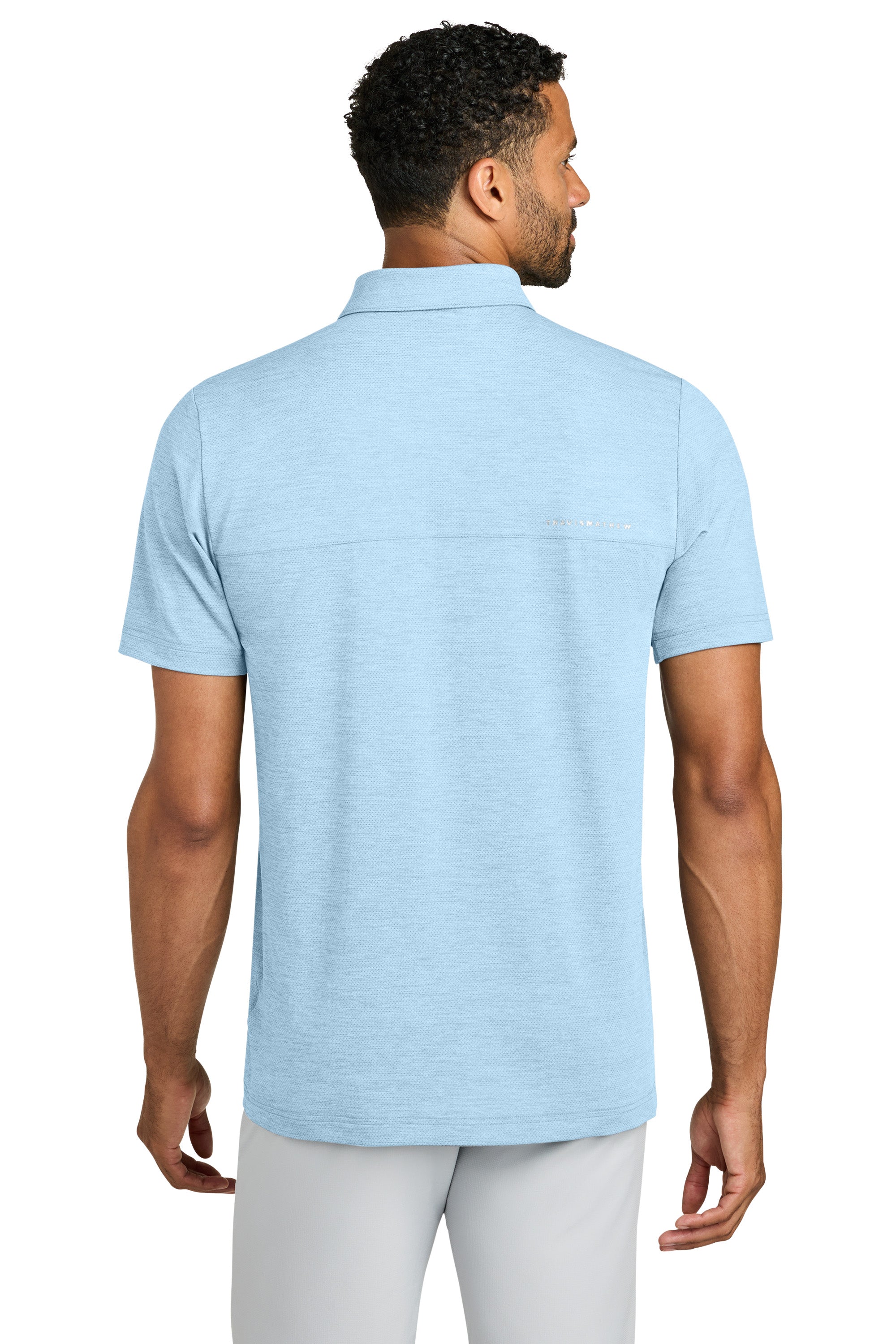 TravisMathew TMA42773 Mens Onward Short Sleeve Polo Shirt Heather Airy Blue Model Back