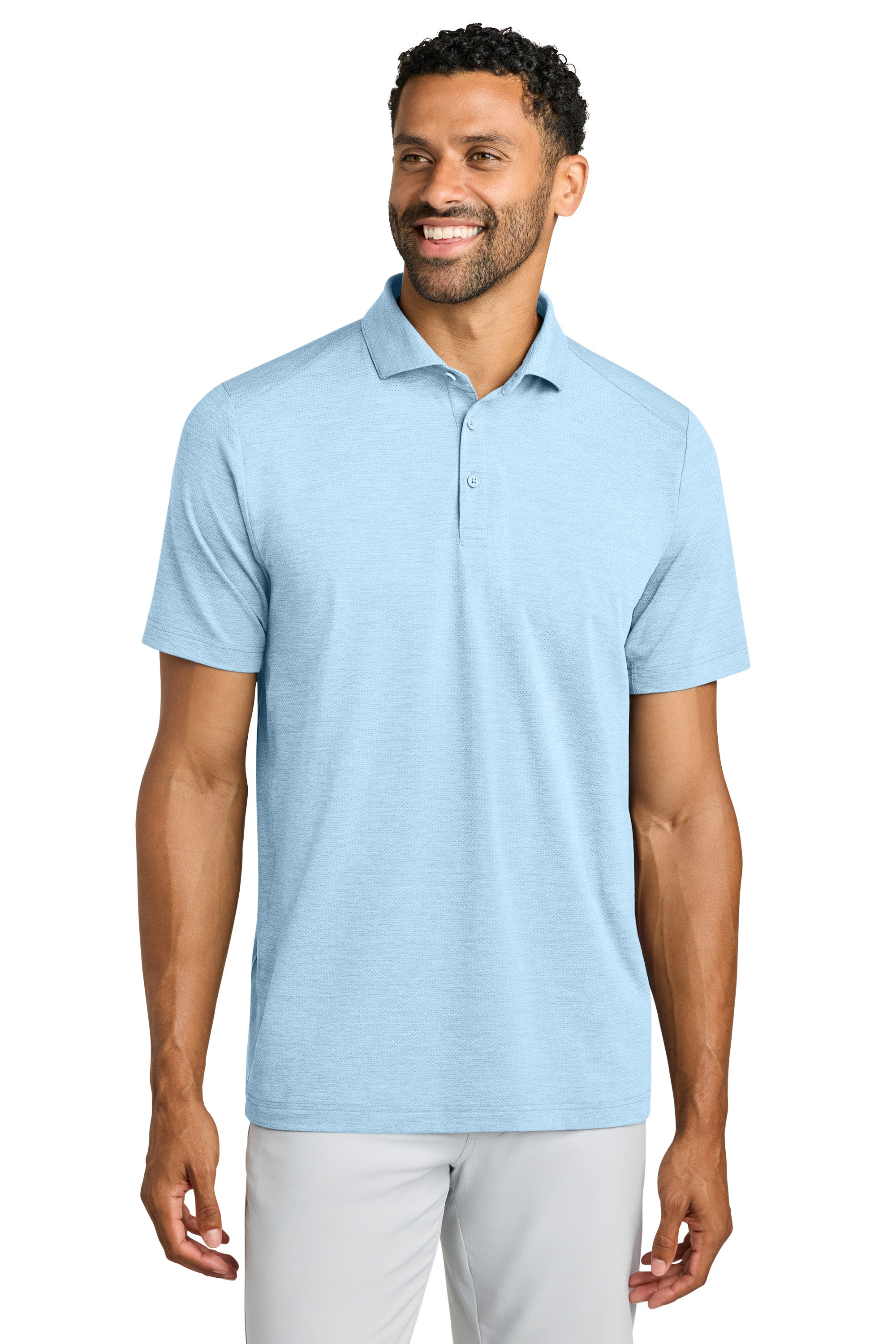 TravisMathew TMA42773 Mens Onward Short Sleeve Polo Shirt Heather Airy Blue Model Front