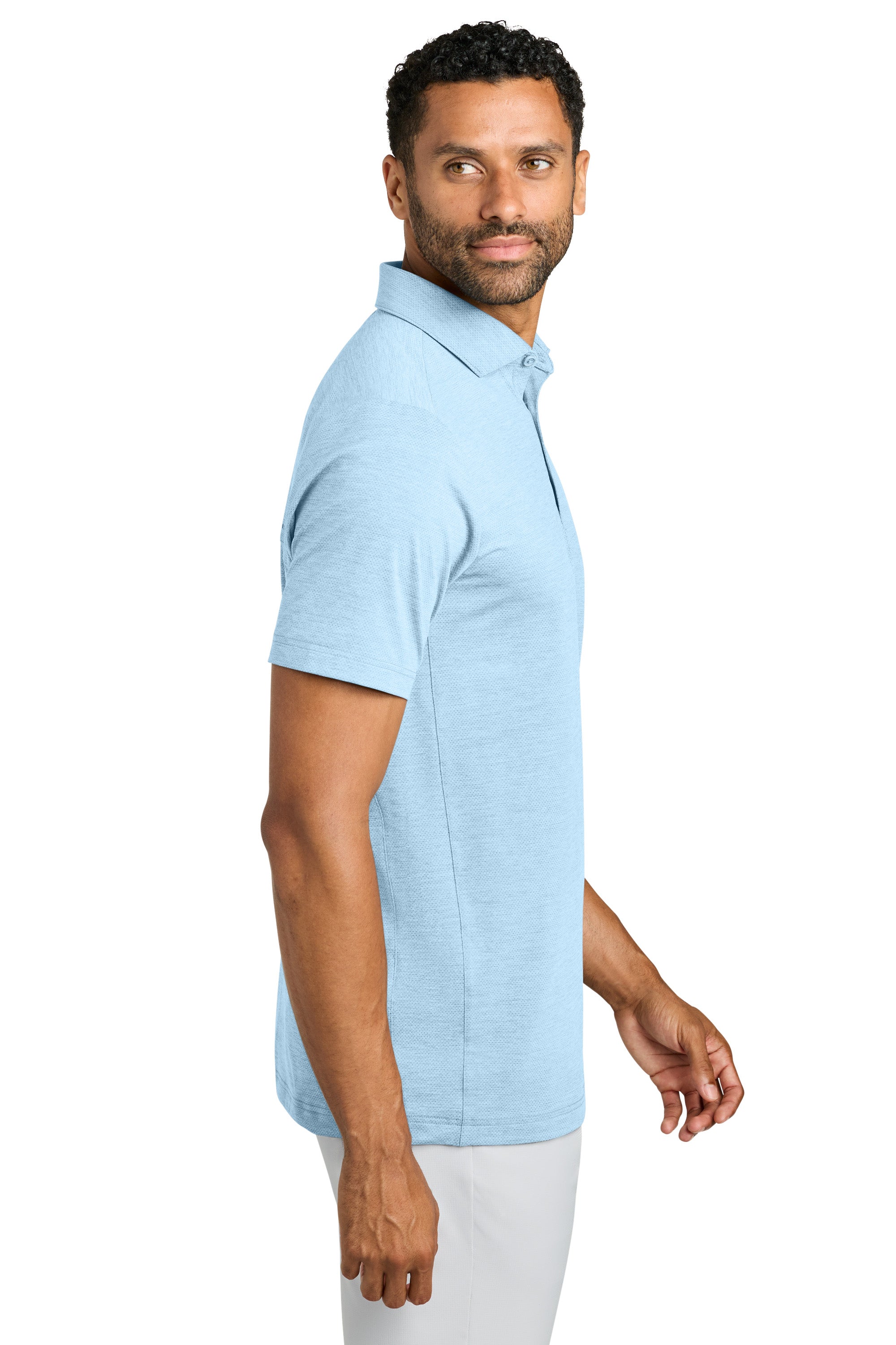 TravisMathew TMA42773 Mens Onward Short Sleeve Polo Shirt Heather Airy Blue Model Side