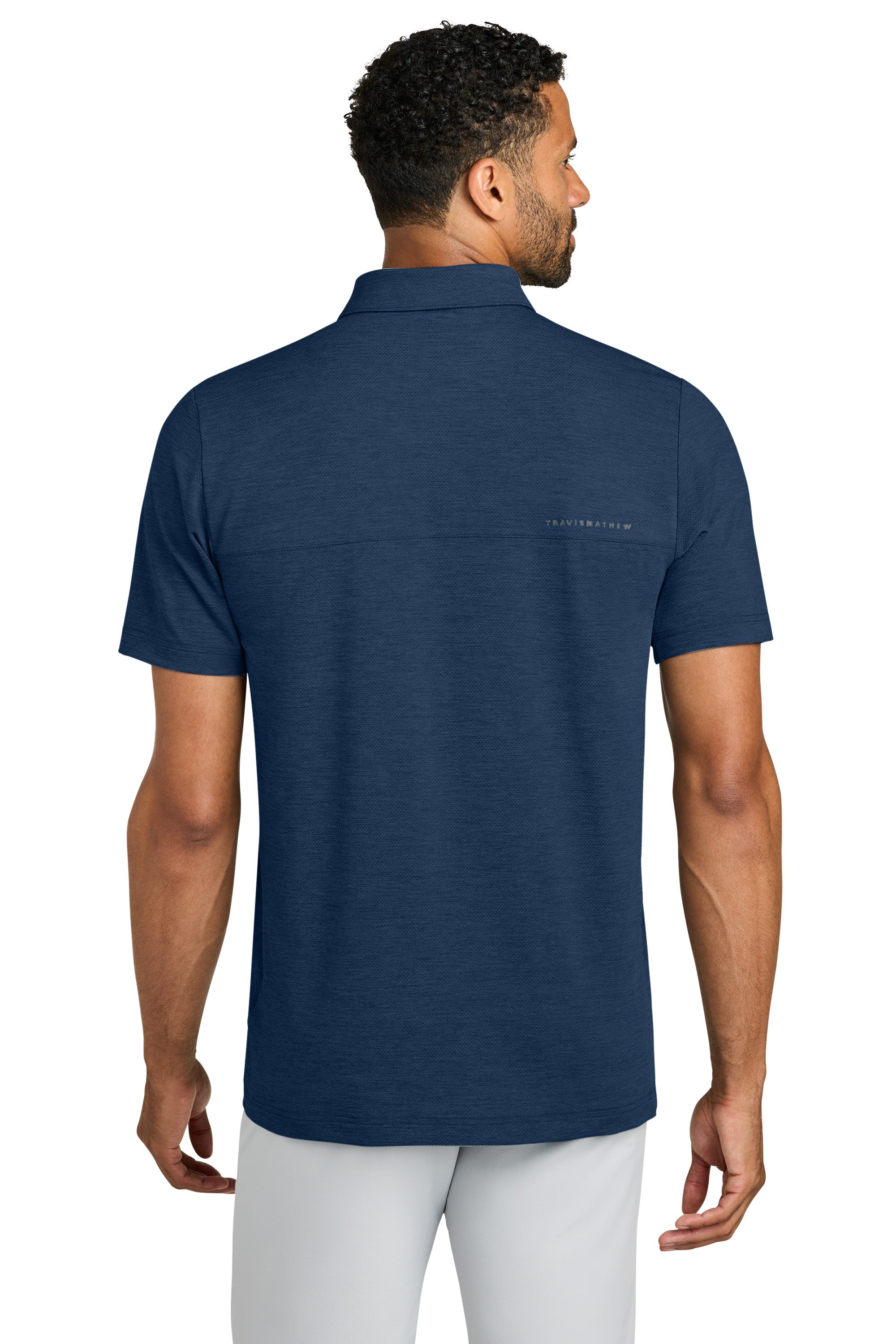 TravisMathew TMA42773 Mens Onward Short Sleeve Polo Shirt Heather Navy Blue Model Back