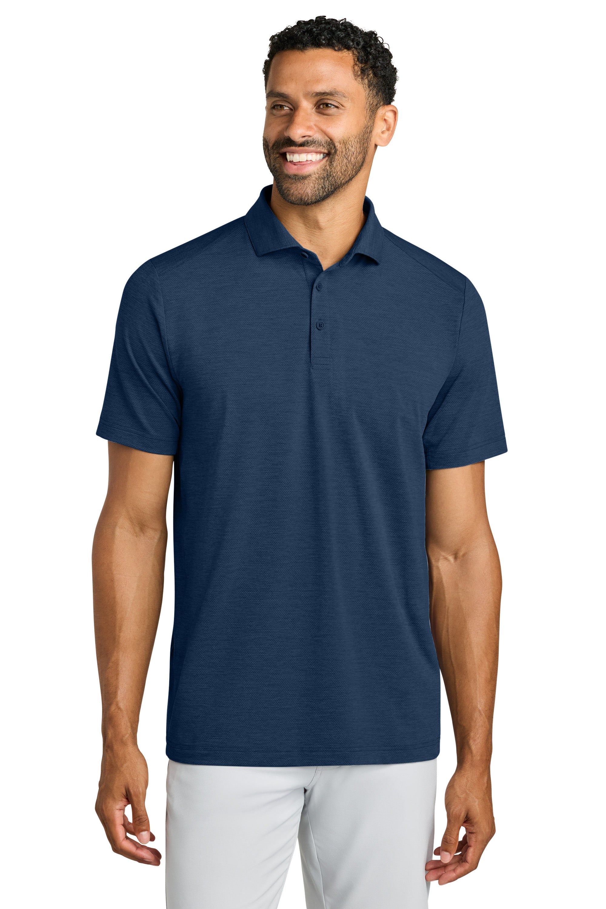TravisMathew TMA42773 Mens Onward Short Sleeve Polo Shirt Heather Navy Blue Model Front