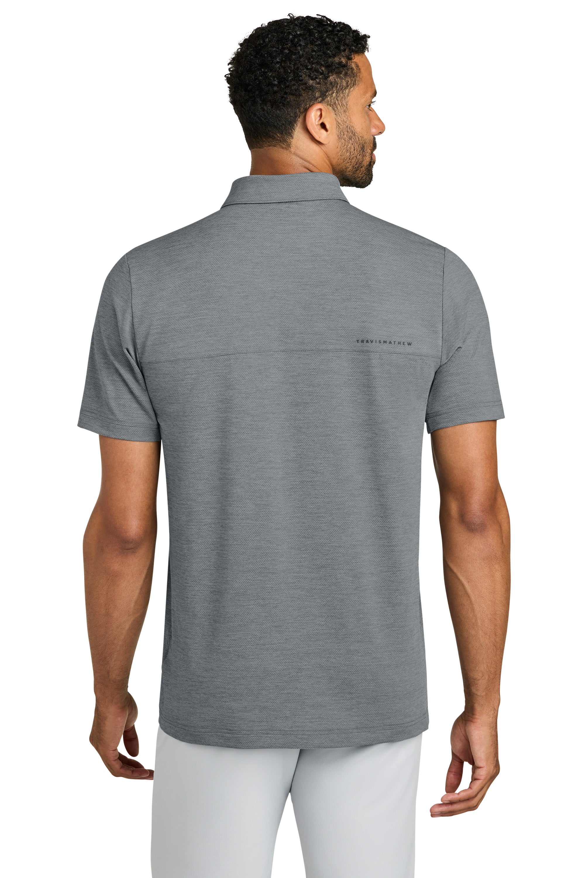 TravisMathew TMA42773 Mens Onward Short Sleeve Polo Shirt Heather Quiet Shade Grey Model Back
