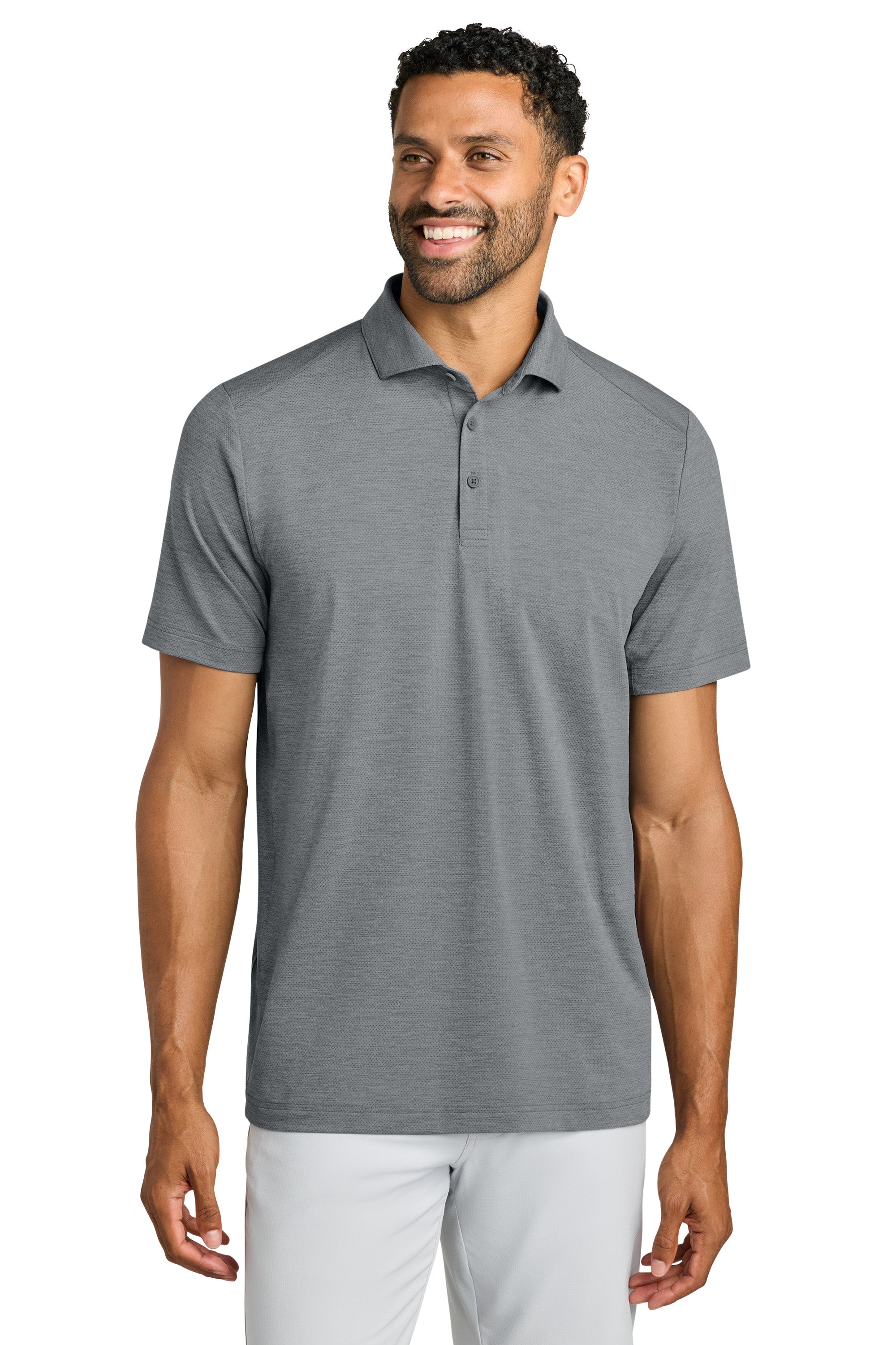 TravisMathew TMA42773 Mens Onward Short Sleeve Polo Shirt Heather Quiet Shade Grey Model Front