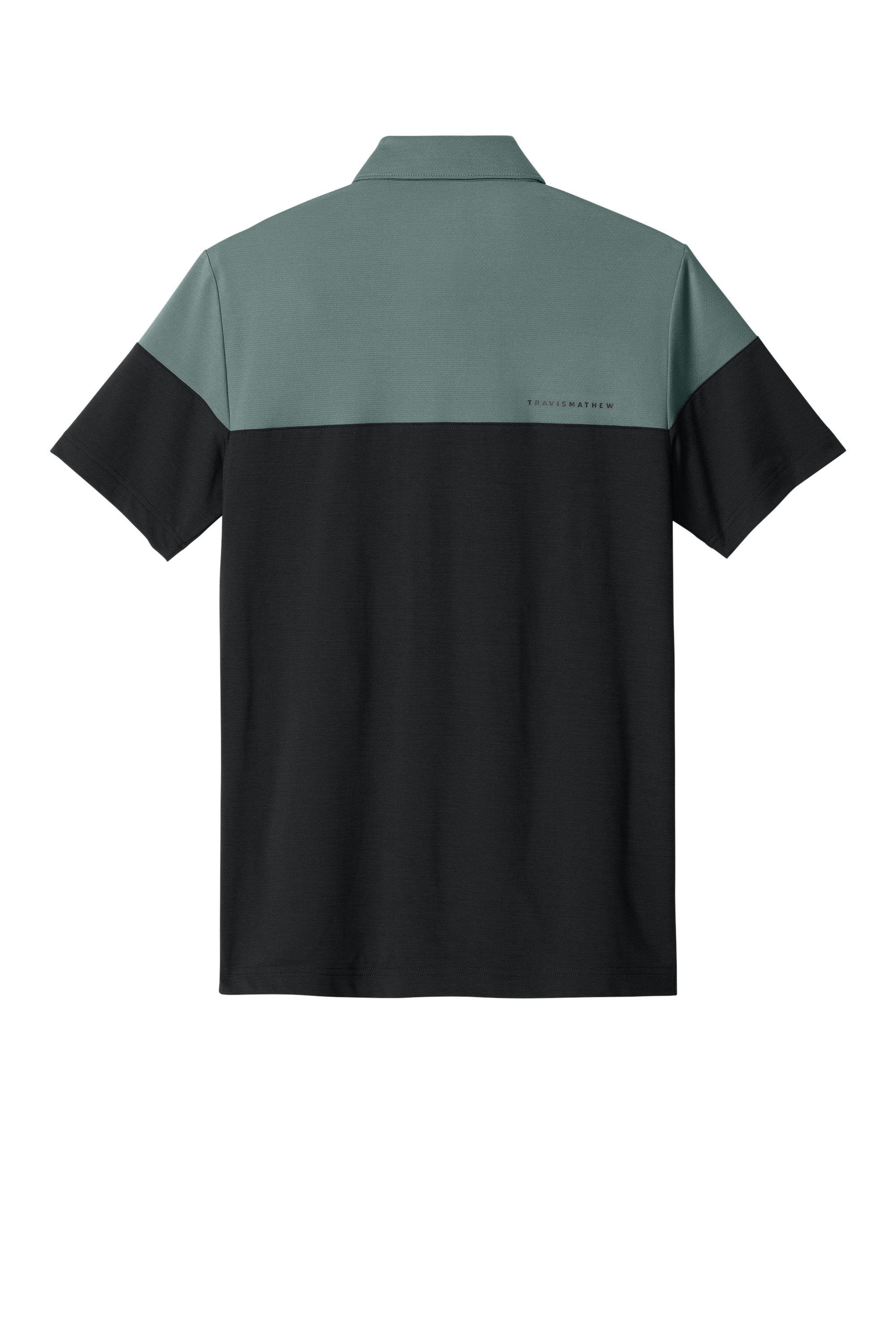 TravisMathew TMA42774 Mens Onward Colorblock Short Sleeve Polo Shirt Balsam Green/Black Flat Back