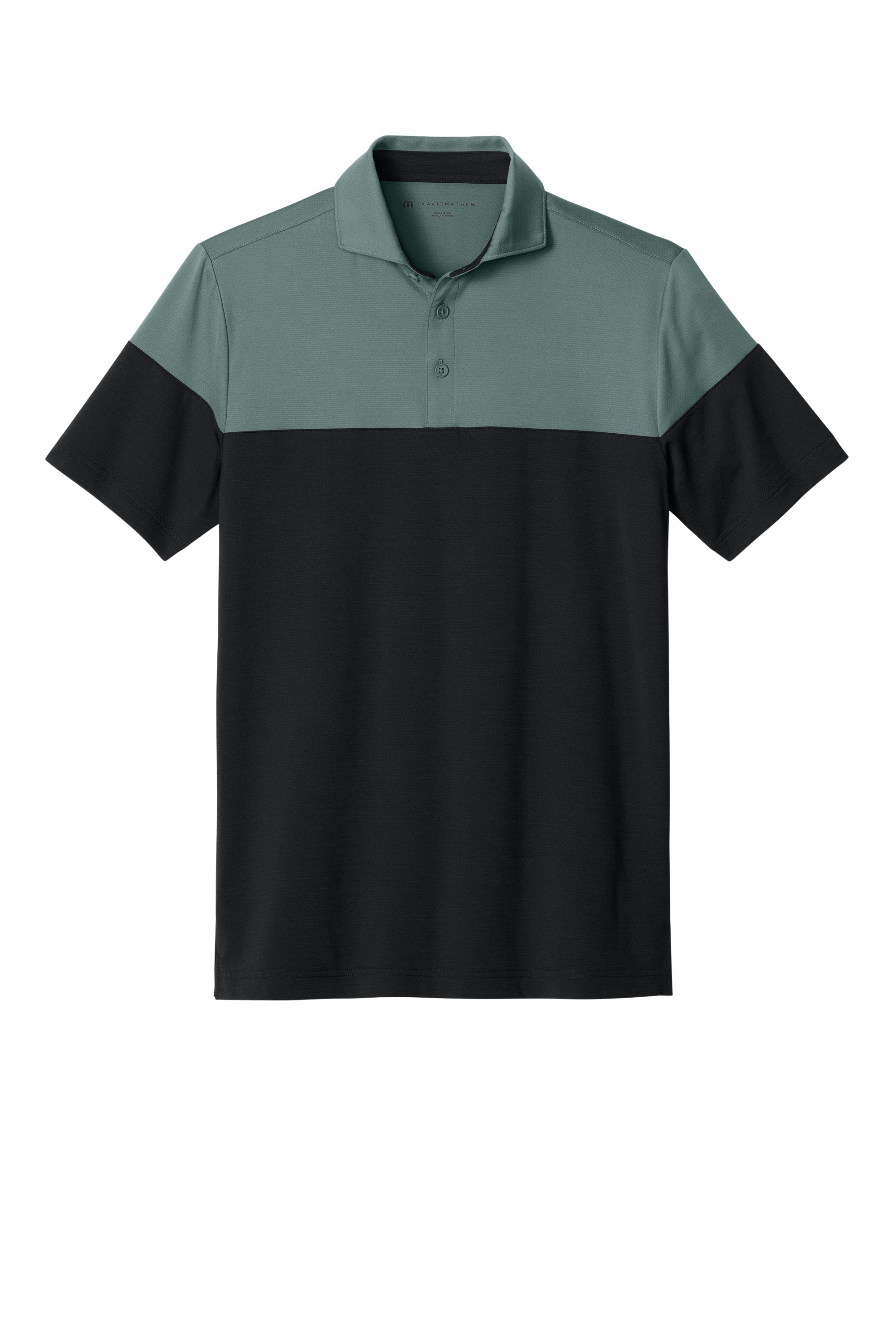 TravisMathew TMA42774 Mens Onward Colorblock Short Sleeve Polo Shirt Balsam Green/Black Flat Front