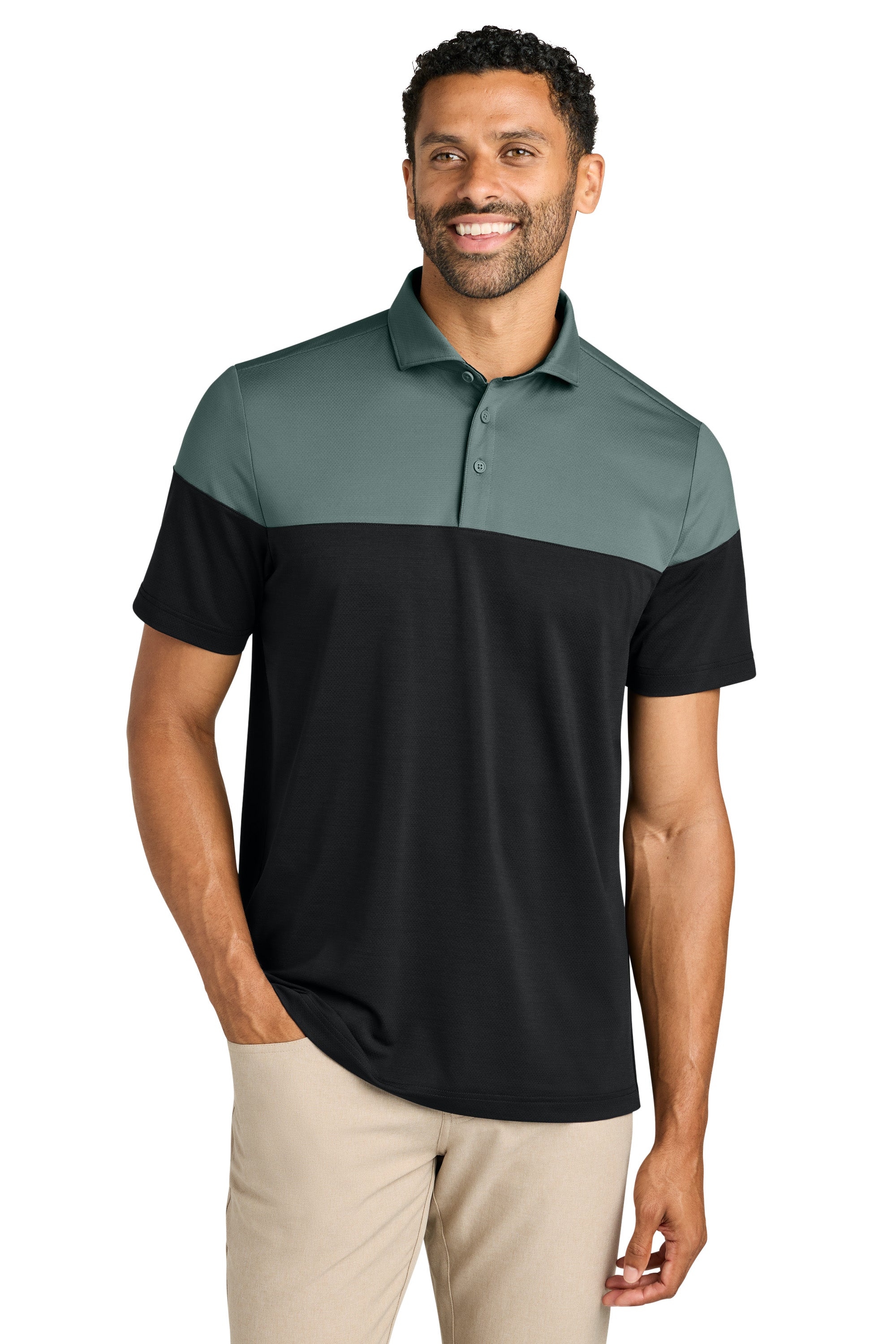 TravisMathew TMA42774 Mens Onward Colorblock Short Sleeve Polo Shirt Balsam Green/Black Model Front