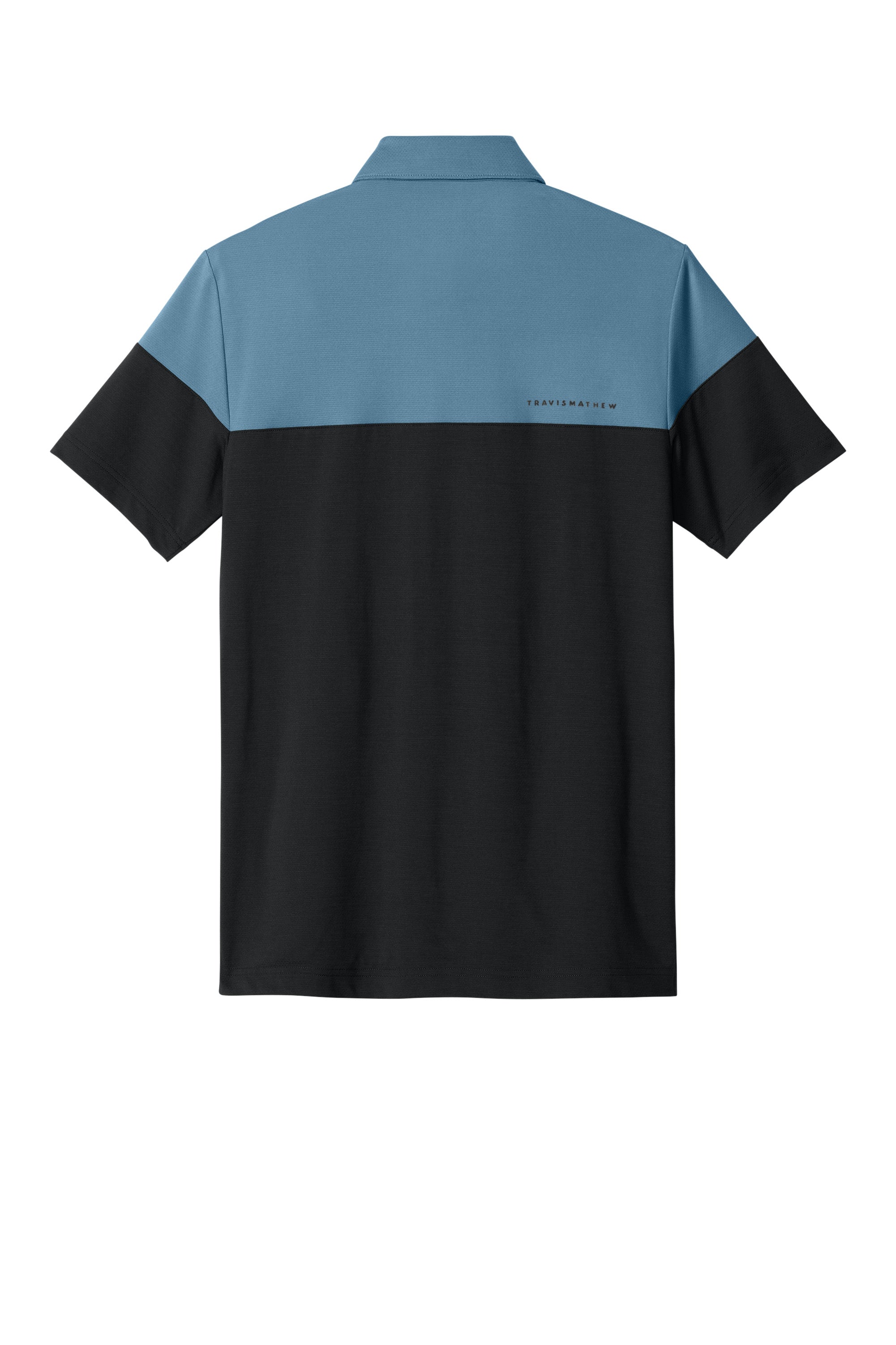 TravisMathew TMA42774 Mens Onward Colorblock Short Sleeve Polo Shirt Copen Blue/Black Flat Back