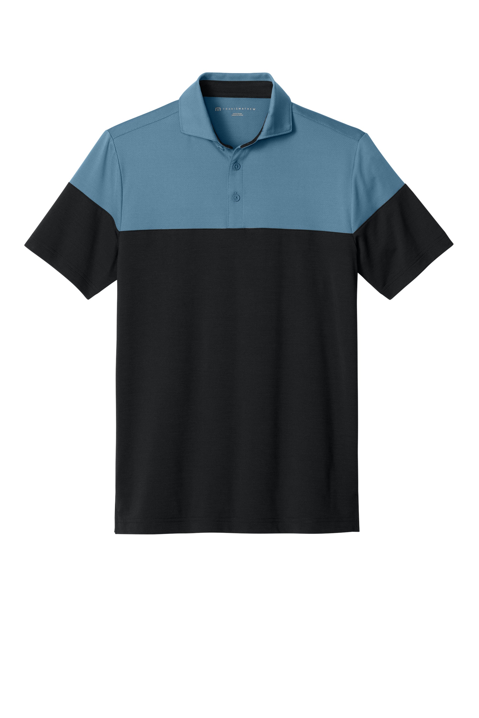 TravisMathew TMA42774 Mens Onward Colorblock Short Sleeve Polo Shirt Copen Blue/Black Flat Front