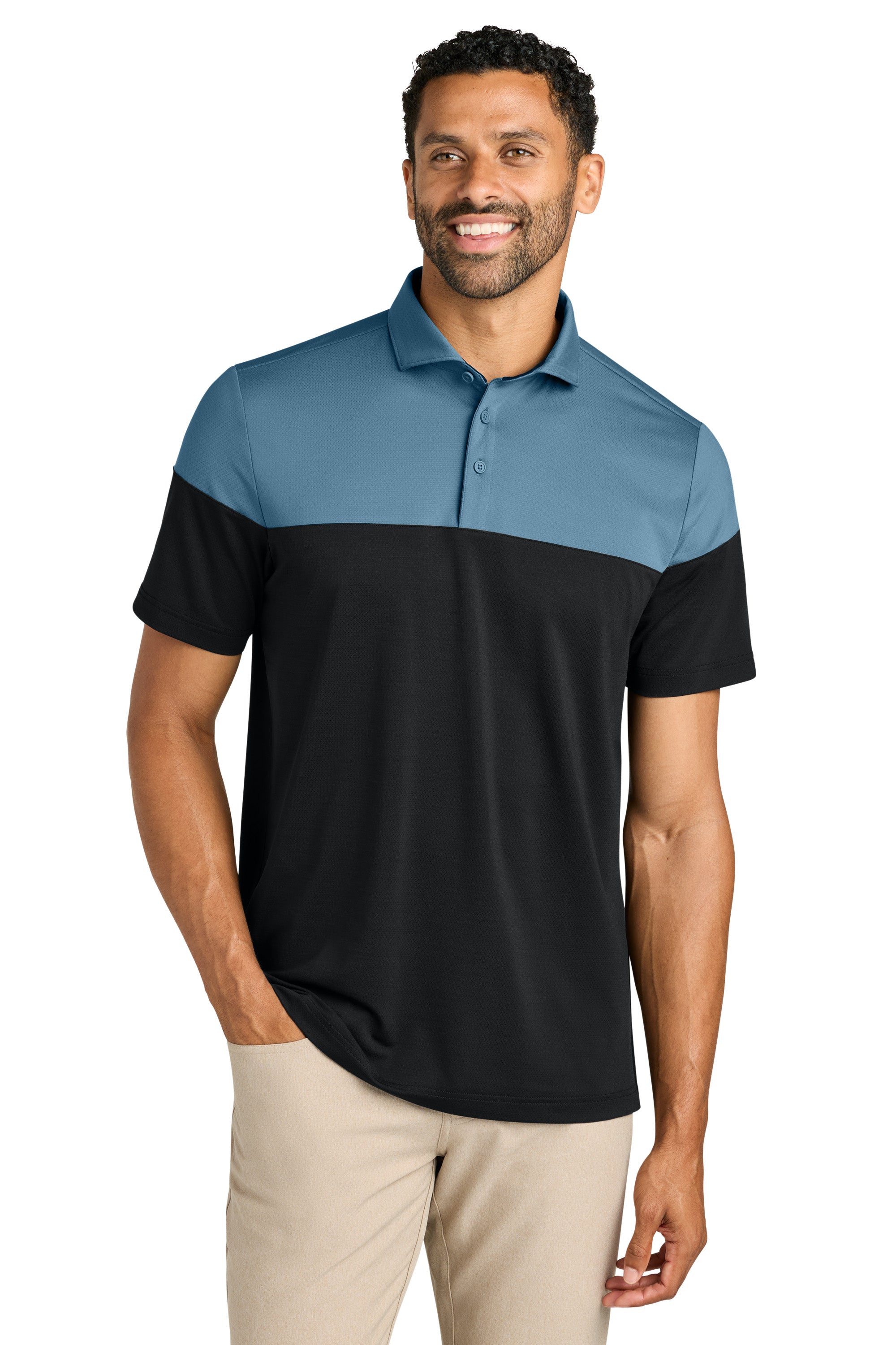TravisMathew TMA42774 Mens Onward Colorblock Short Sleeve Polo Shirt Copen Blue/Black Model Front
