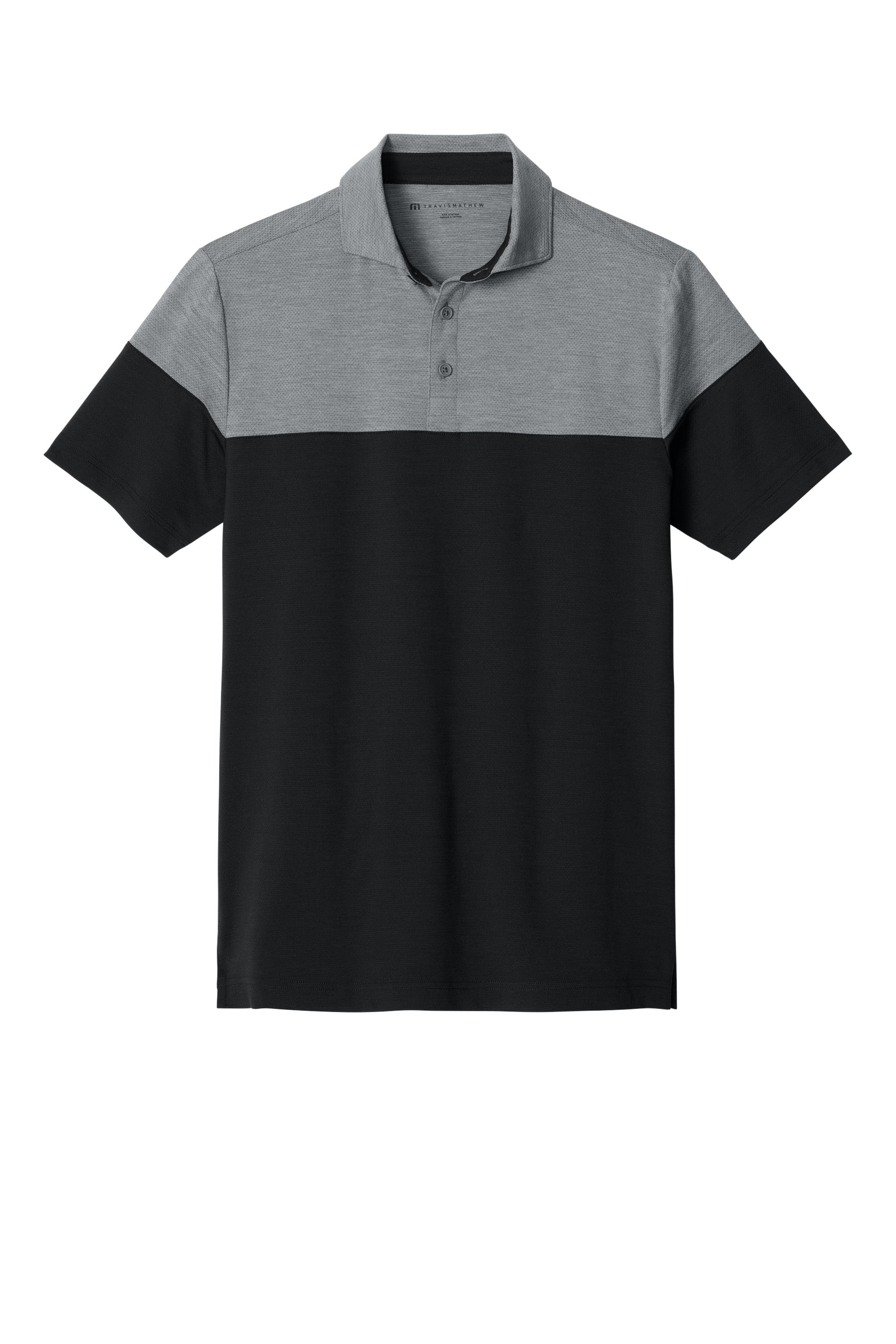 TravisMathew TMA42774 Mens Onward Colorblock Short Sleeve Polo Shirt Heather Quiet Shade Grey/Black Flat Front