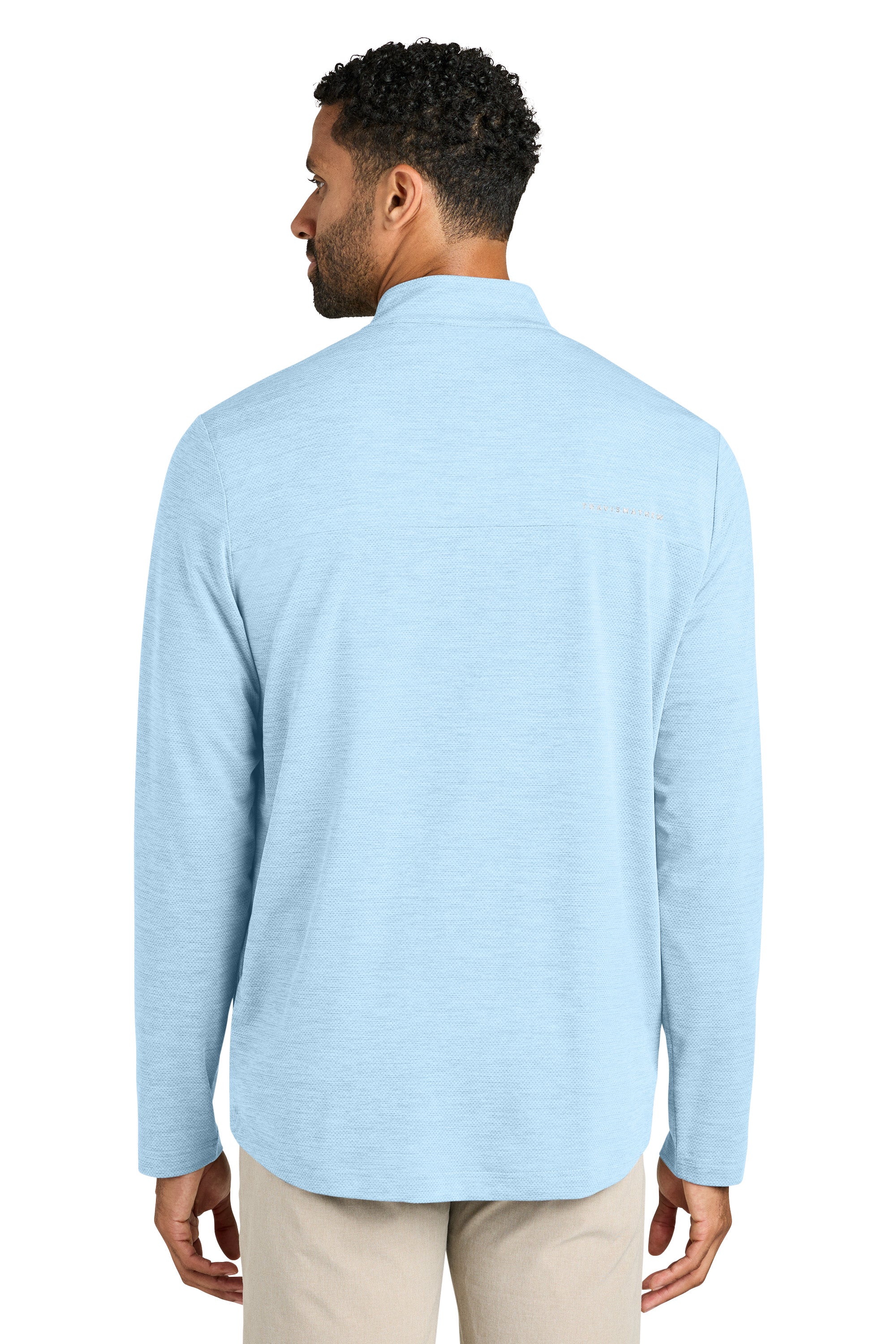 TravisMathew TMA42775 Mens Onward 1/4 Zip Sweatshirt Heather Airy Blue Model Back