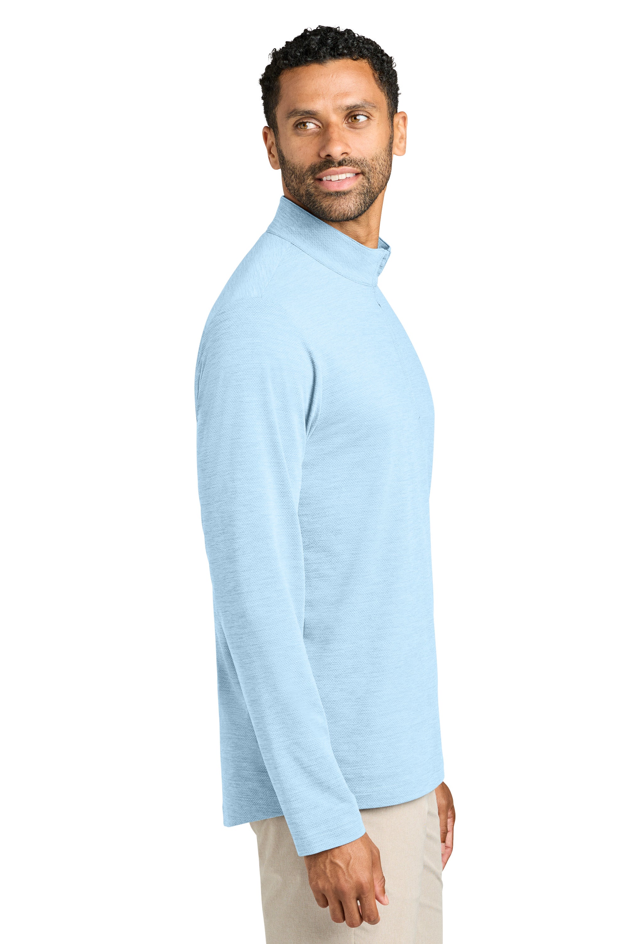 TravisMathew TMA42775 Mens Onward 1/4 Zip Sweatshirt Heather Airy Blue Model Side