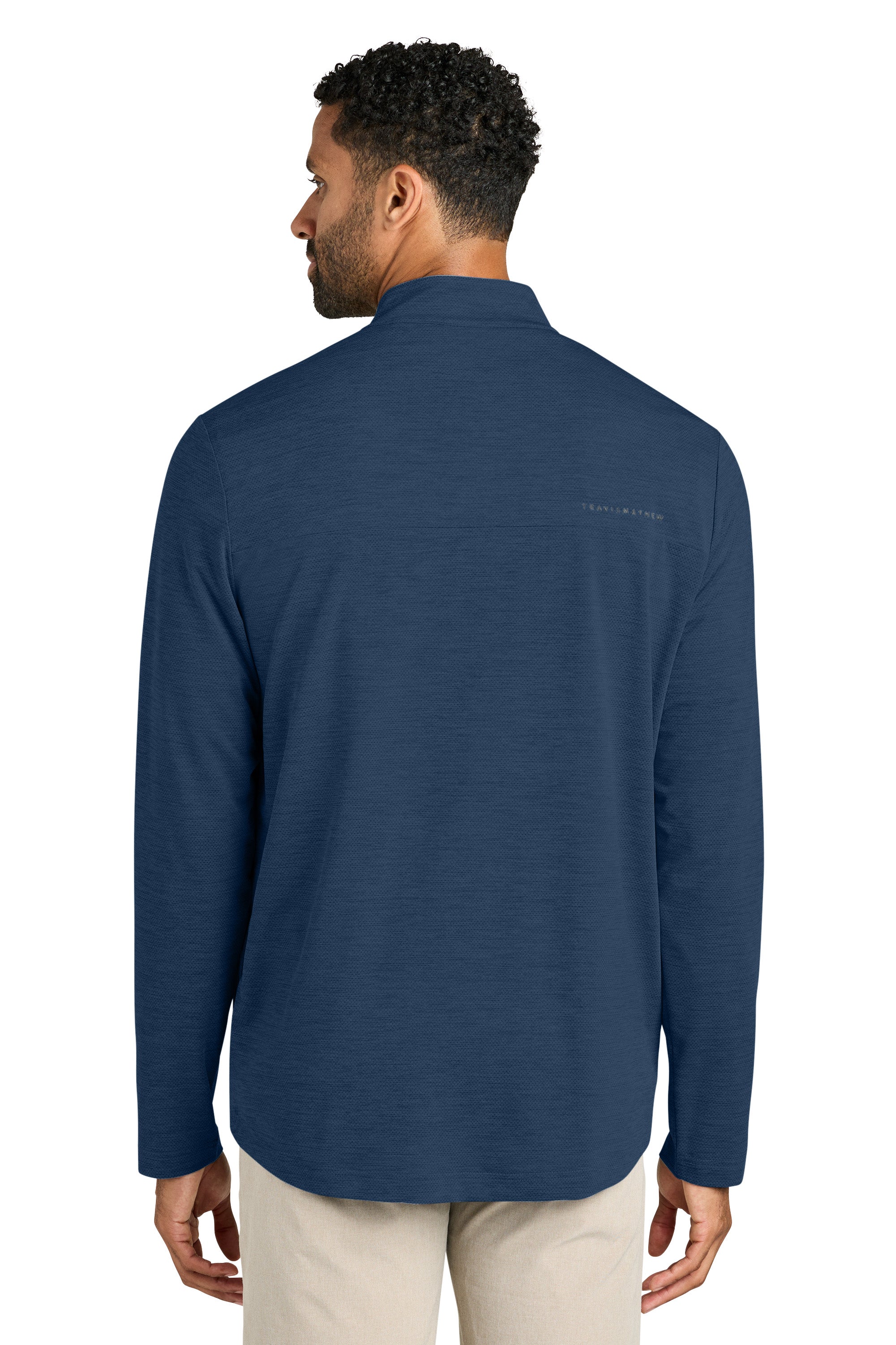 TravisMathew TMA42775 Mens Onward 1/4 Zip Sweatshirt Heather Navy Blue Model Back