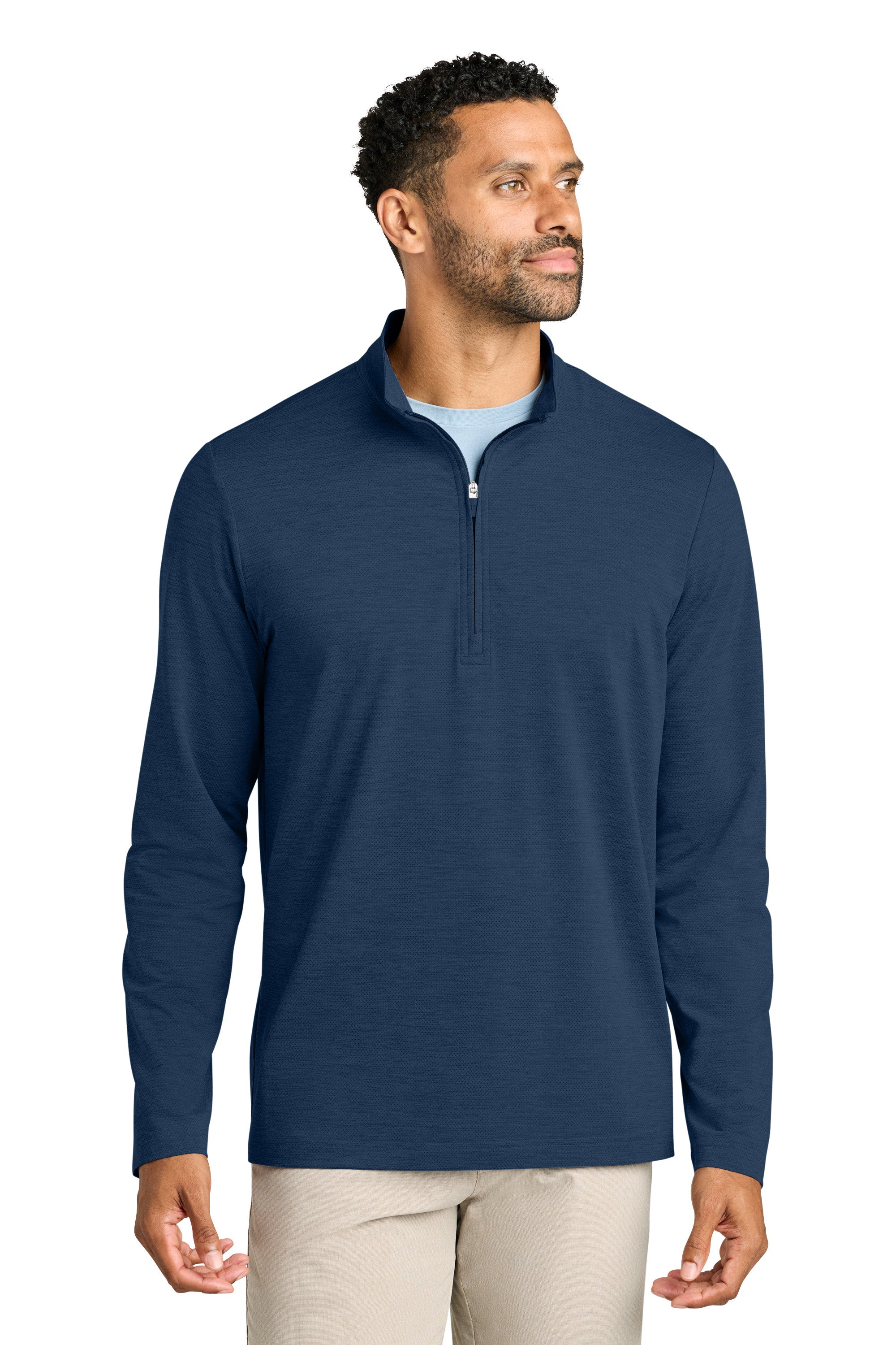 TravisMathew TMA42775 Mens Onward 1/4 Zip Sweatshirt Heather Navy Blue Model Front