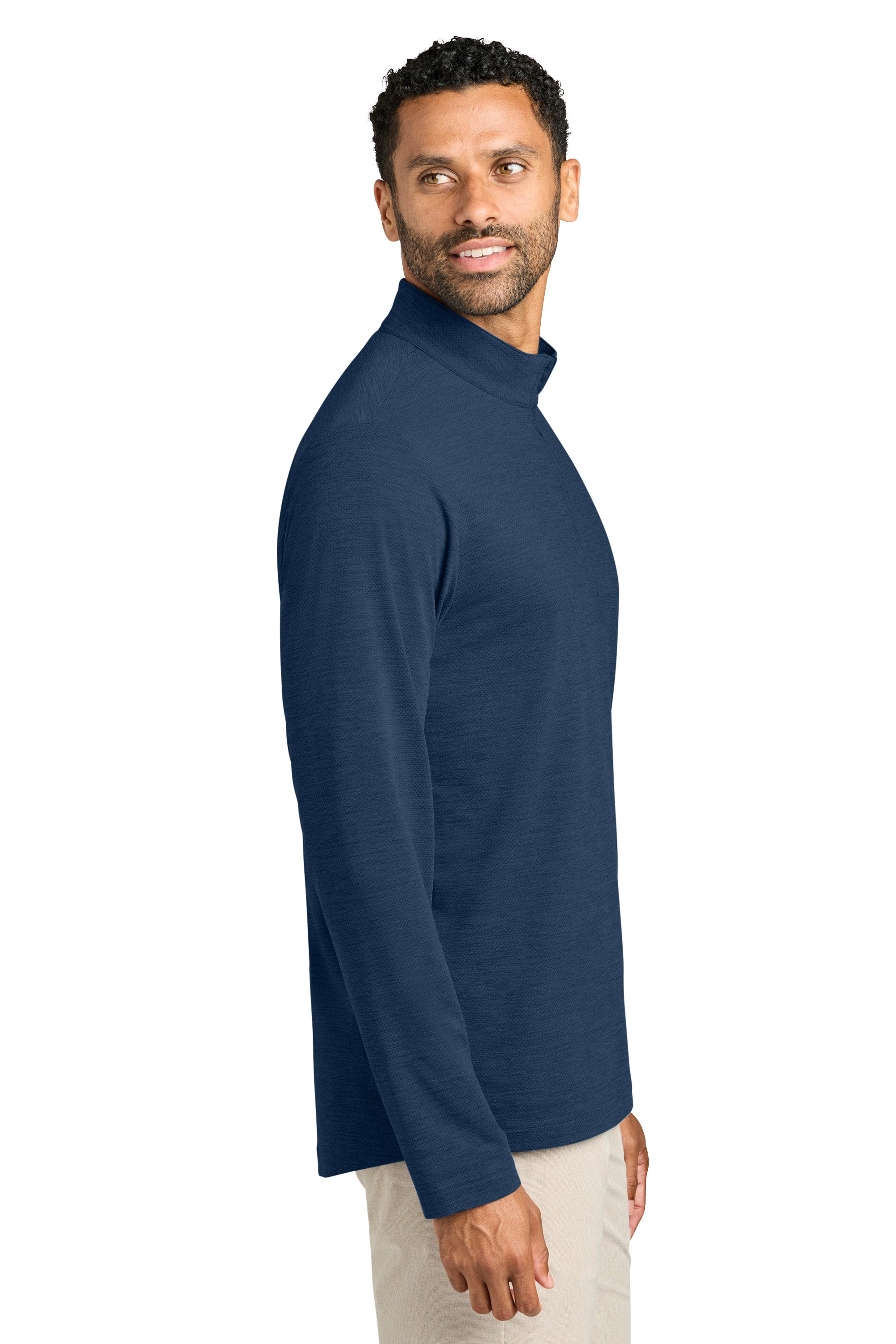 TravisMathew TMA42775 Mens Onward 1/4 Zip Sweatshirt Heather Navy Blue Model Side