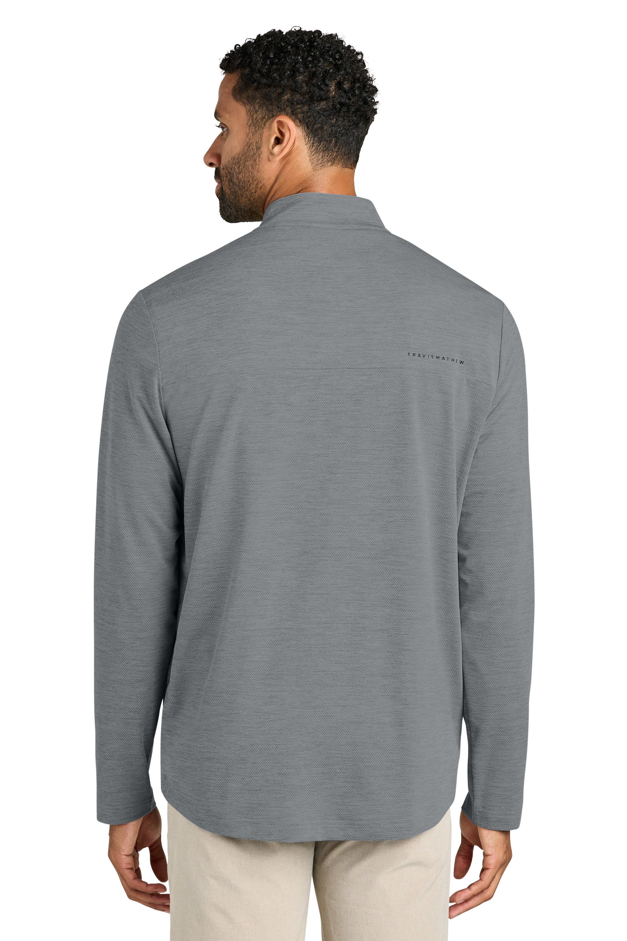 TravisMathew TMA42775 Mens Onward 1/4 Zip Sweatshirt Heather Quiet Shade Grey Model Back