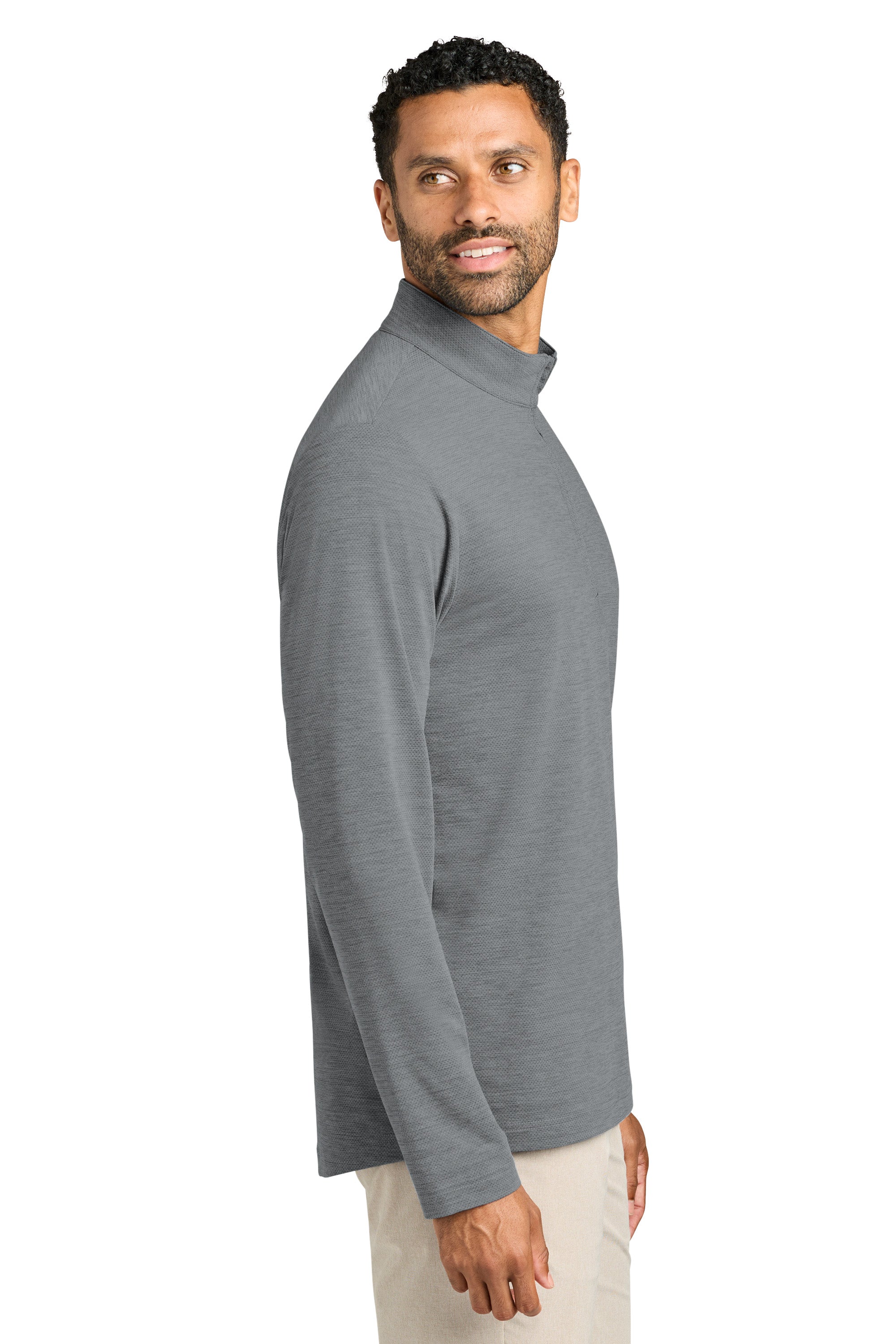 TravisMathew TMA42775 Mens Onward 1/4 Zip Sweatshirt Heather Quiet Shade Grey Model Side
