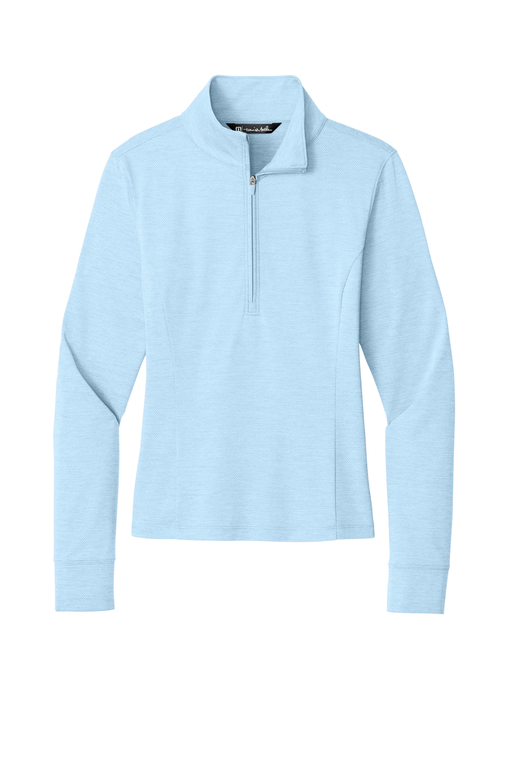 TravisMathew TMA42778 Womens Onward 1/4 Zip Sweatshirt w/ Pockets Heather Airy Blue Flat Front