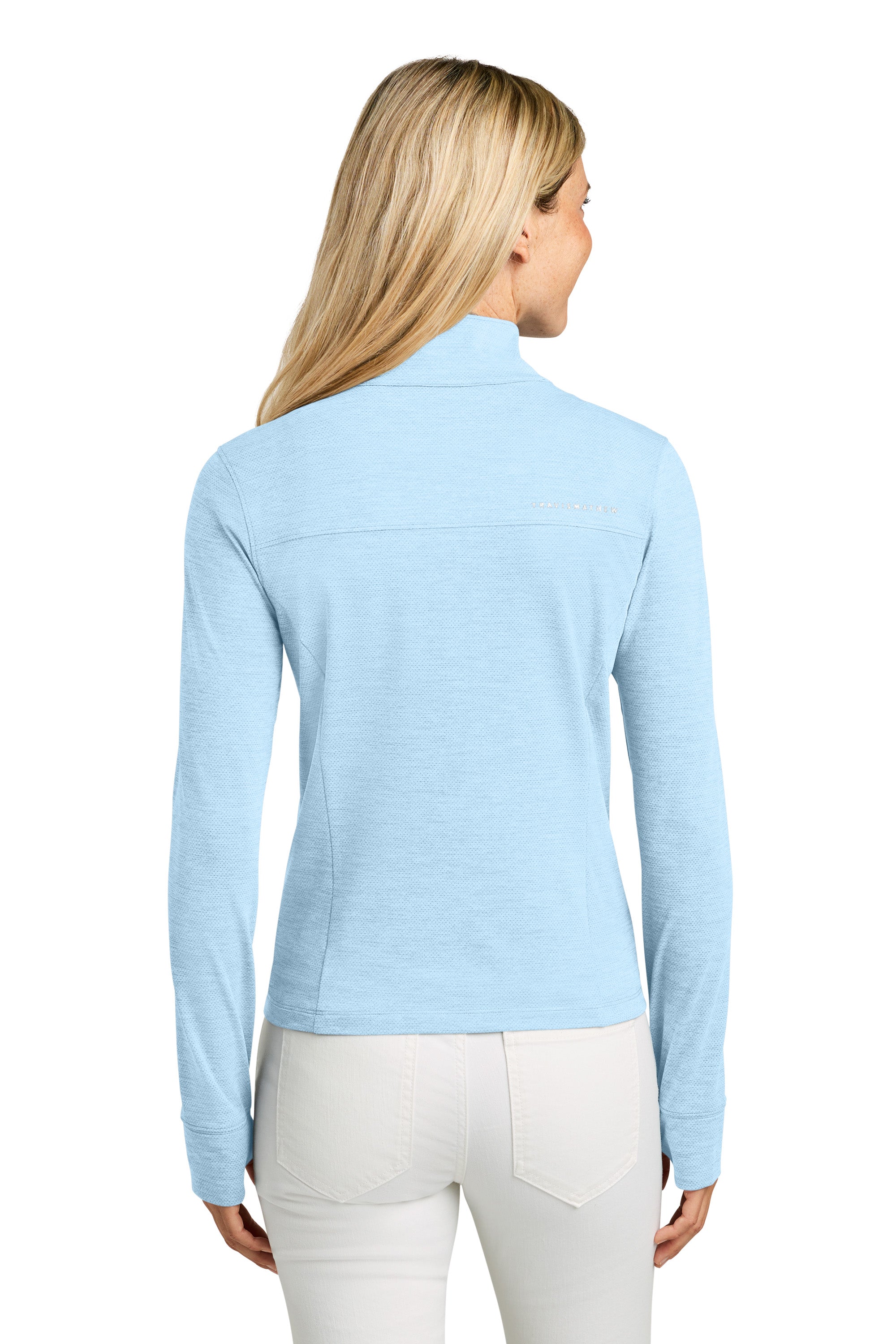 TravisMathew TMA42778 Womens Onward 1/4 Zip Sweatshirt w/ Pockets Heather Airy Blue Model Back
