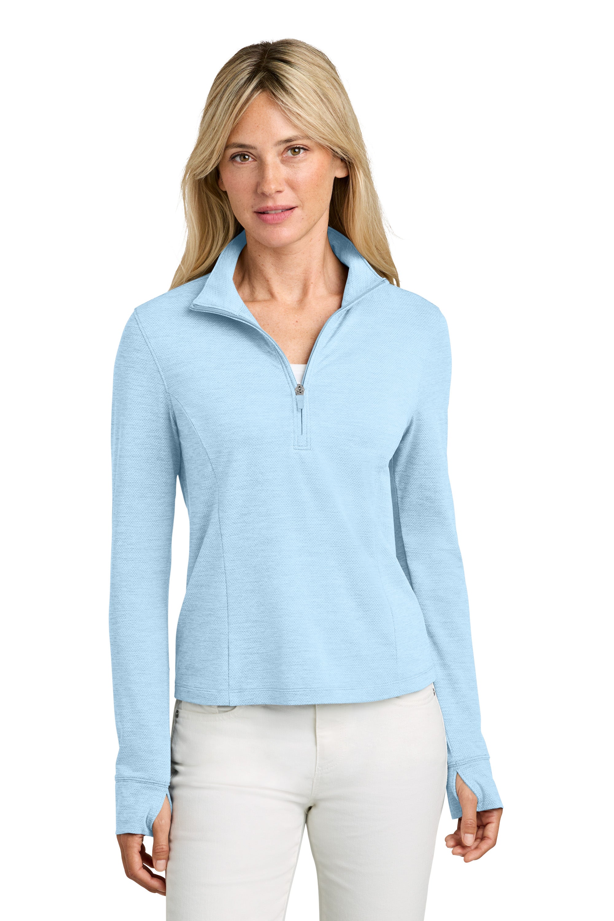 TravisMathew TMA42778 Womens Onward 1/4 Zip Sweatshirt w/ Pockets Heather Airy Blue Model Front