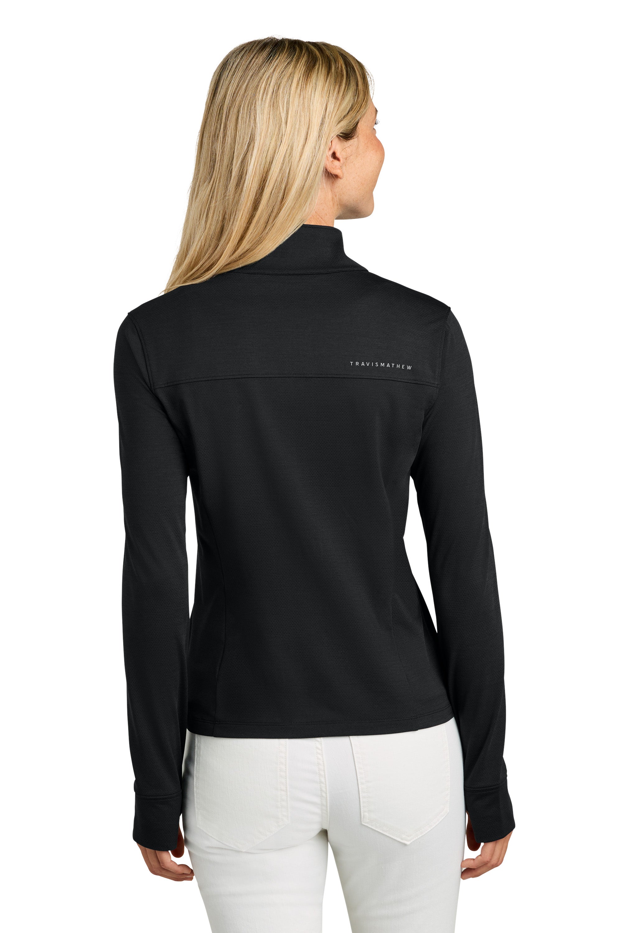 TravisMathew TMA42778 Womens Onward 1/4 Zip Sweatshirt w/ Pockets Black Model Back