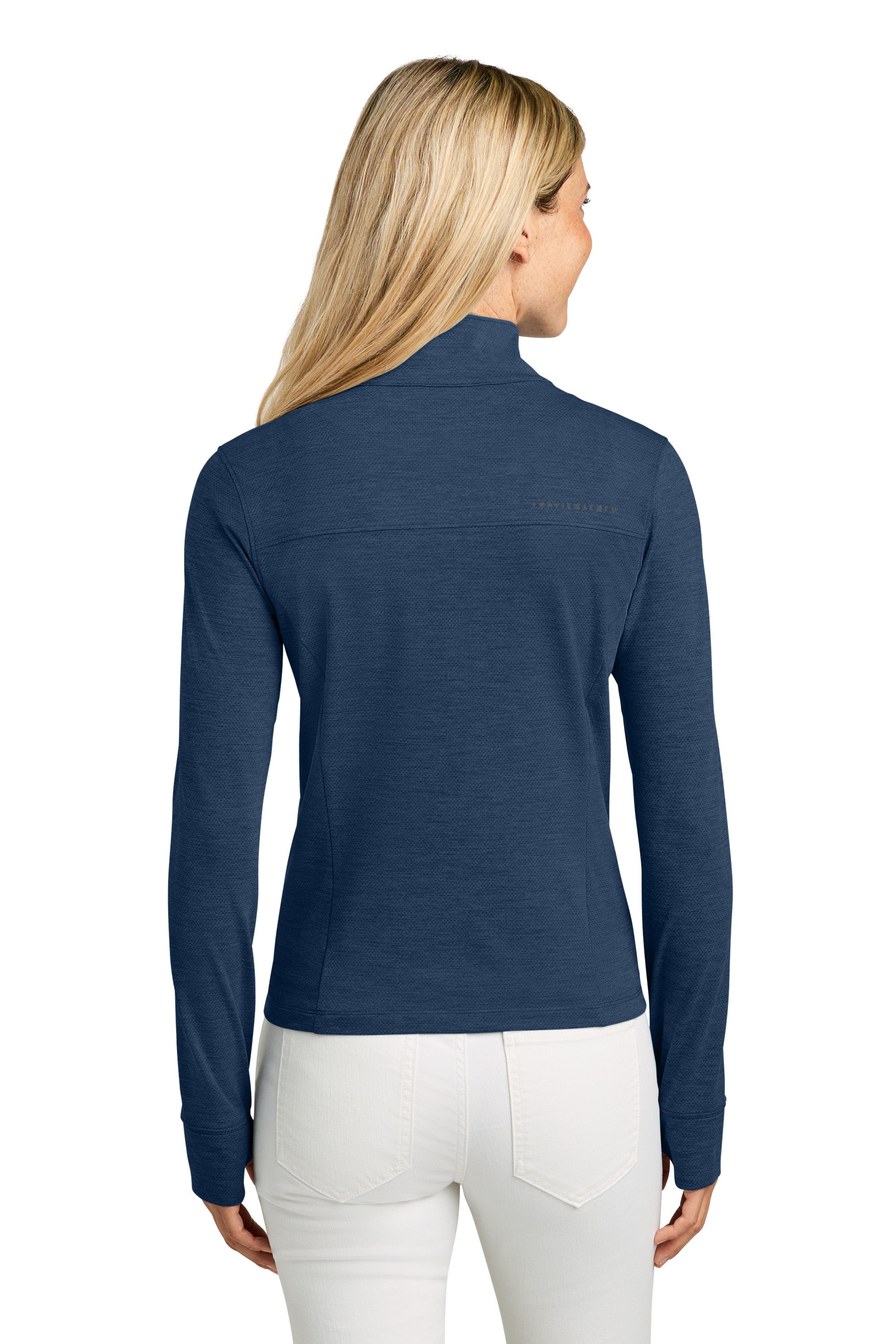 TravisMathew TMA42778 Womens Onward 1/4 Zip Sweatshirt w/ Pockets Heather Navy Blue Model Back