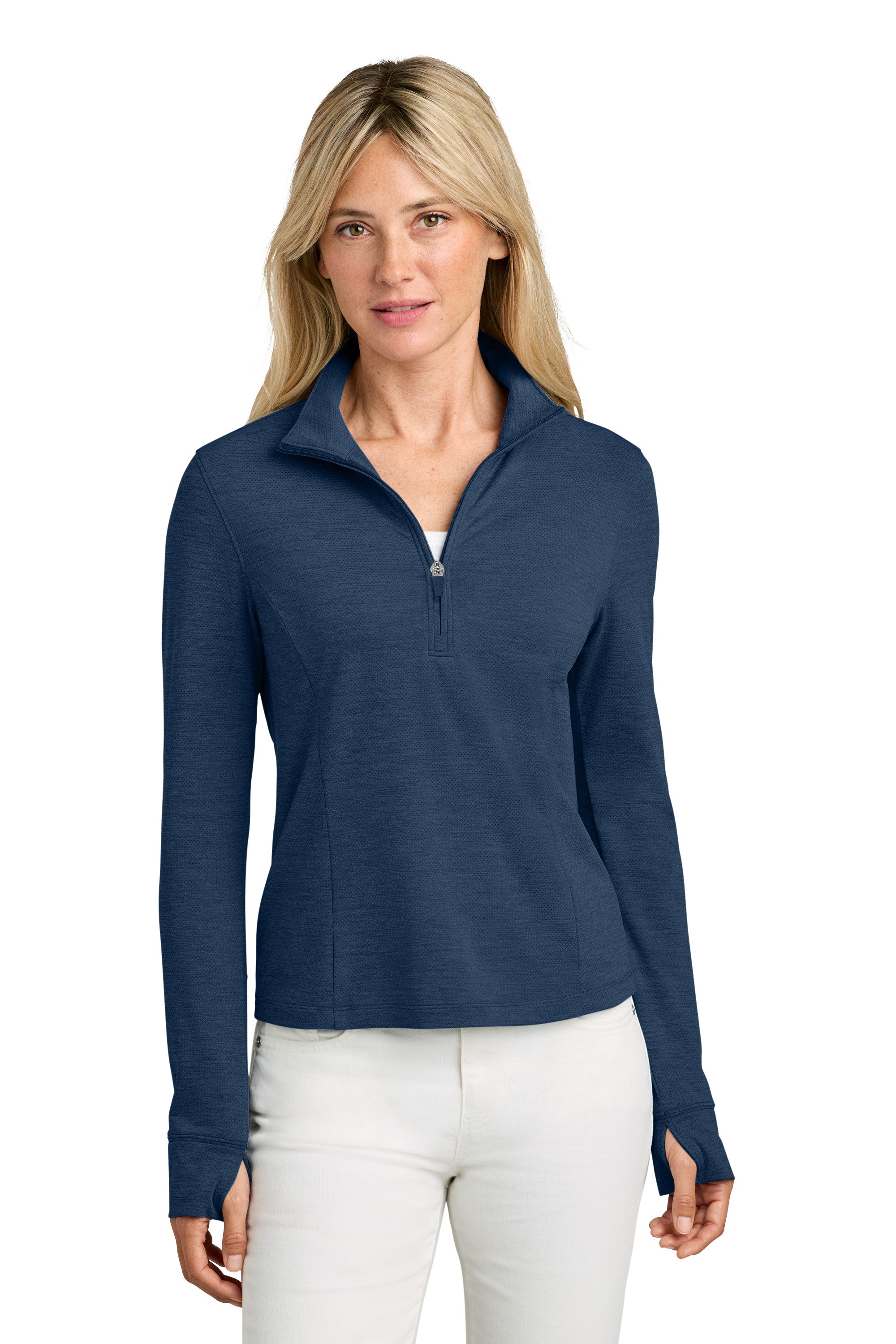 TravisMathew TMA42778 Womens Onward 1/4 Zip Sweatshirt w/ Pockets Heather Navy Blue Model Front