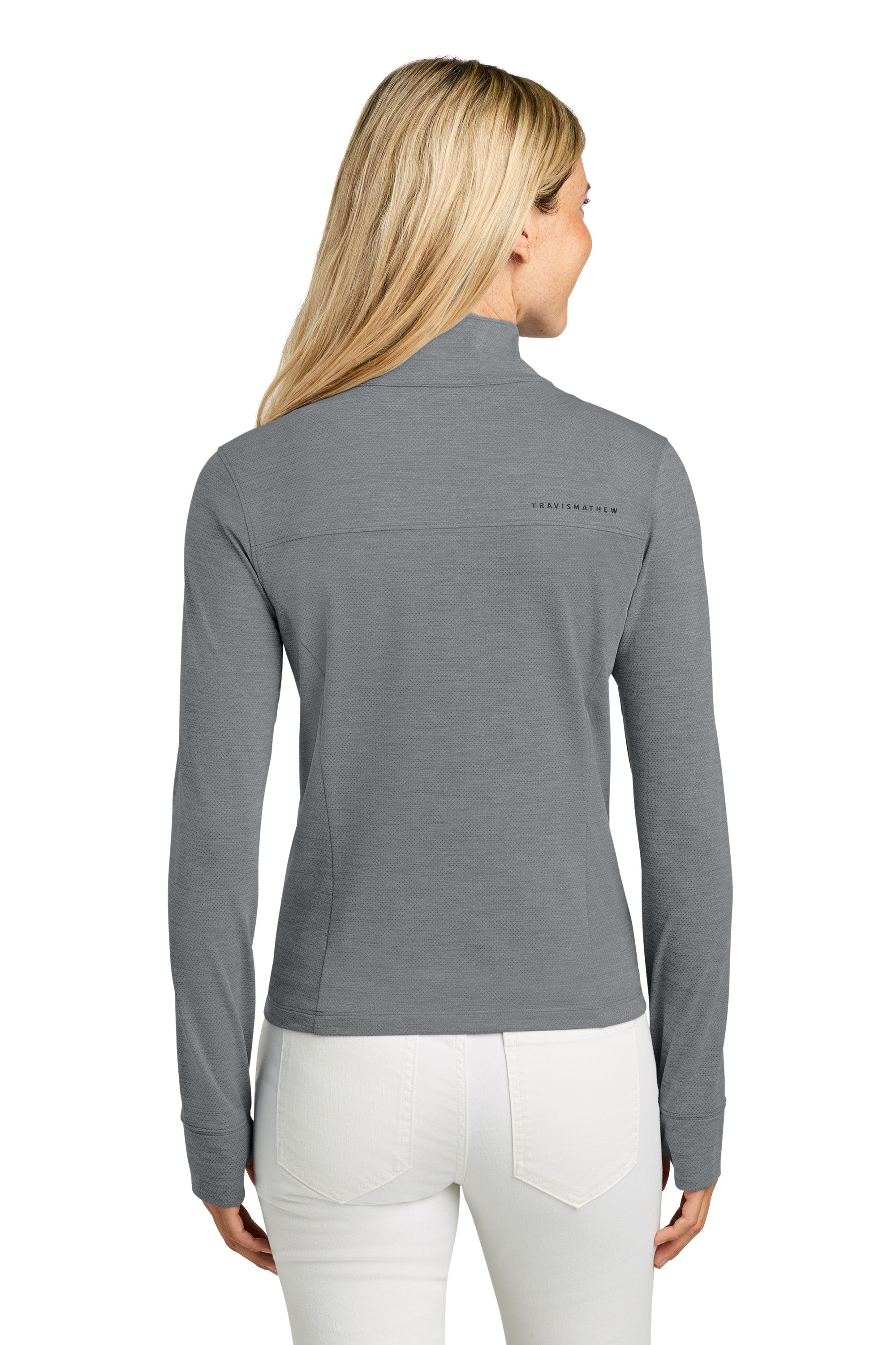 TravisMathew TMA42778 Womens Onward 1/4 Zip Sweatshirt w/ Pockets Heather Quiet Shade Grey Model Back