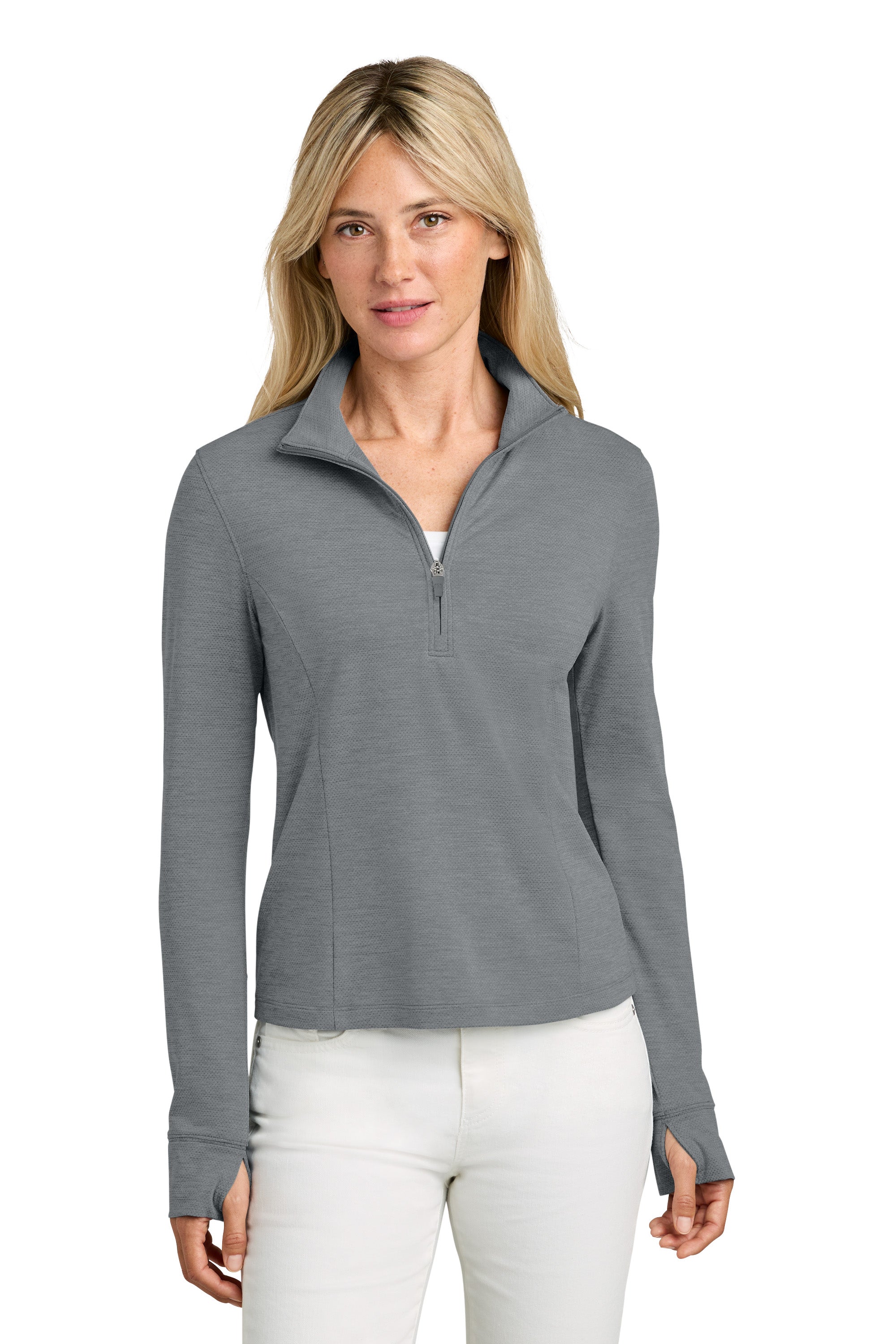 TravisMathew TMA42778 Womens Onward 1/4 Zip Sweatshirt w/ Pockets Heather Quiet Shade Grey Model Front