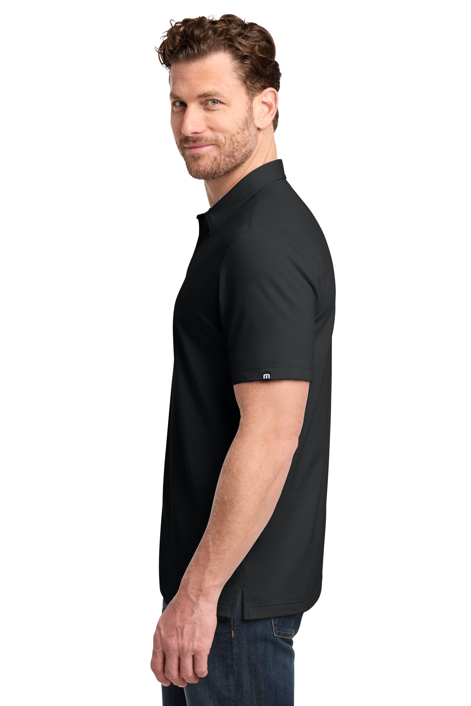 TravisMathew TMA46371 Mens Crestview Short Sleeve Polo Shirt Black Model Side