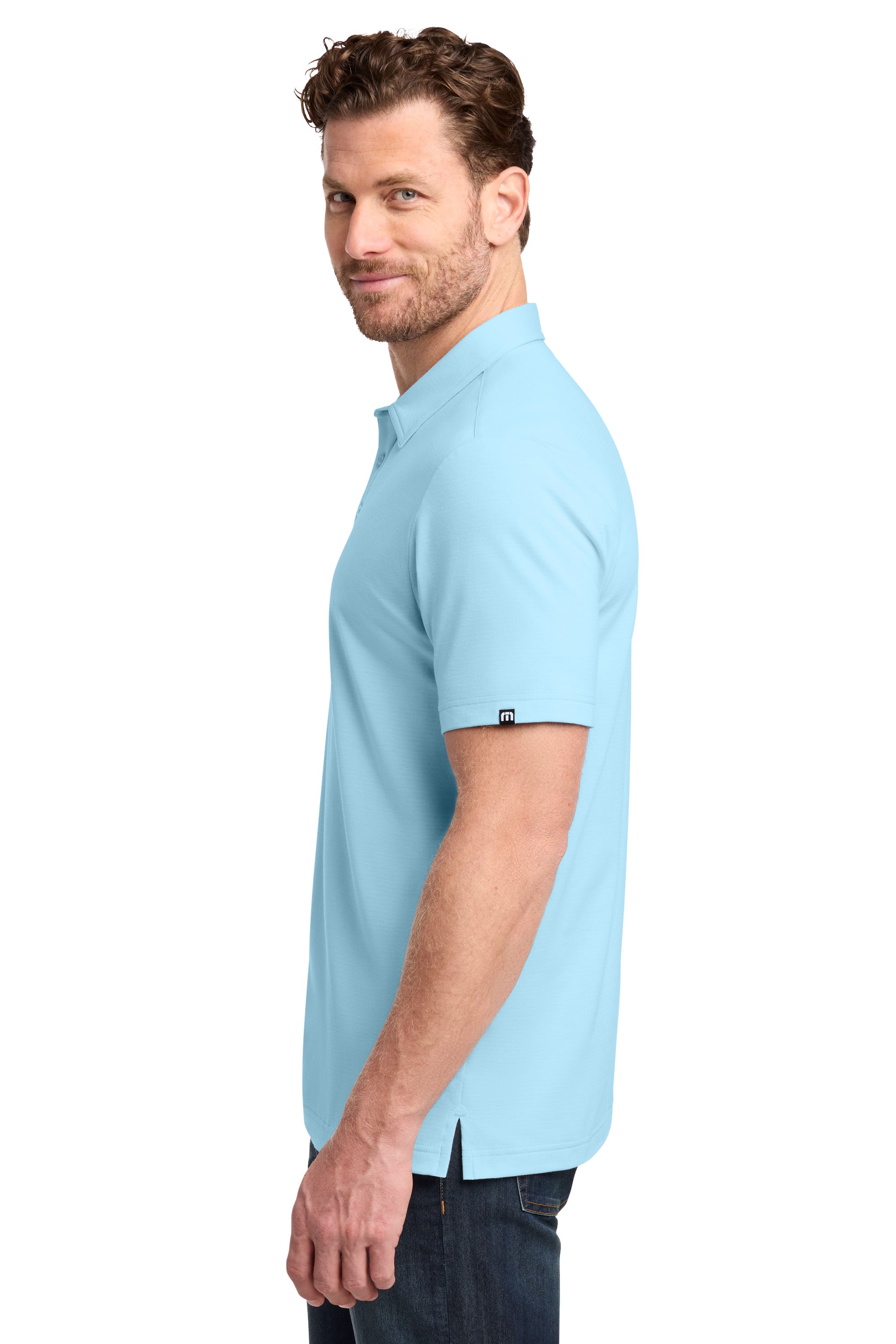 TravisMathew TMA46371 Mens Crestview Short Sleeve Polo Shirt Dream Blue Model Side