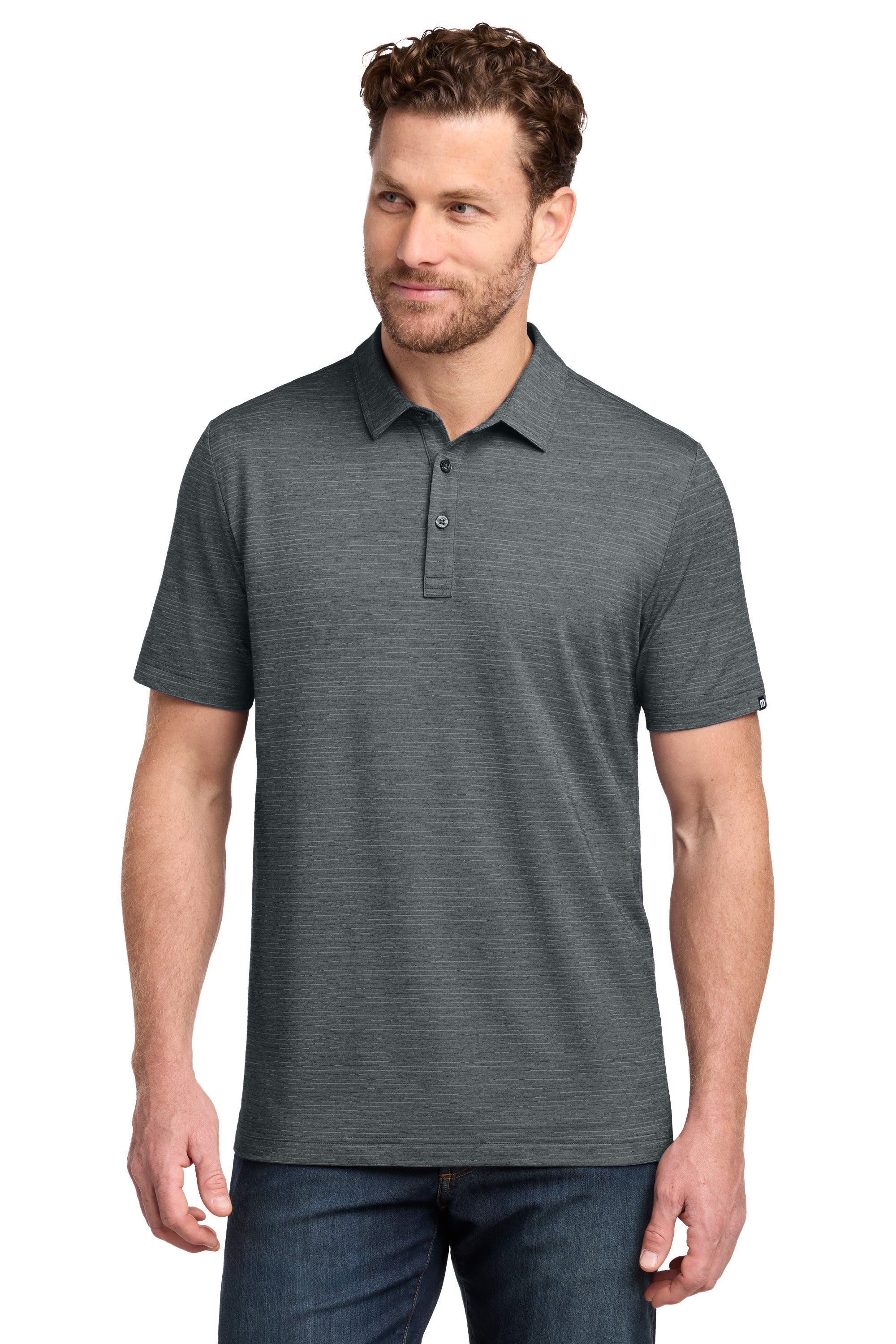 TravisMathew TMA46371 Mens Crestview Short Sleeve Polo Shirt Heather Grey Model Front