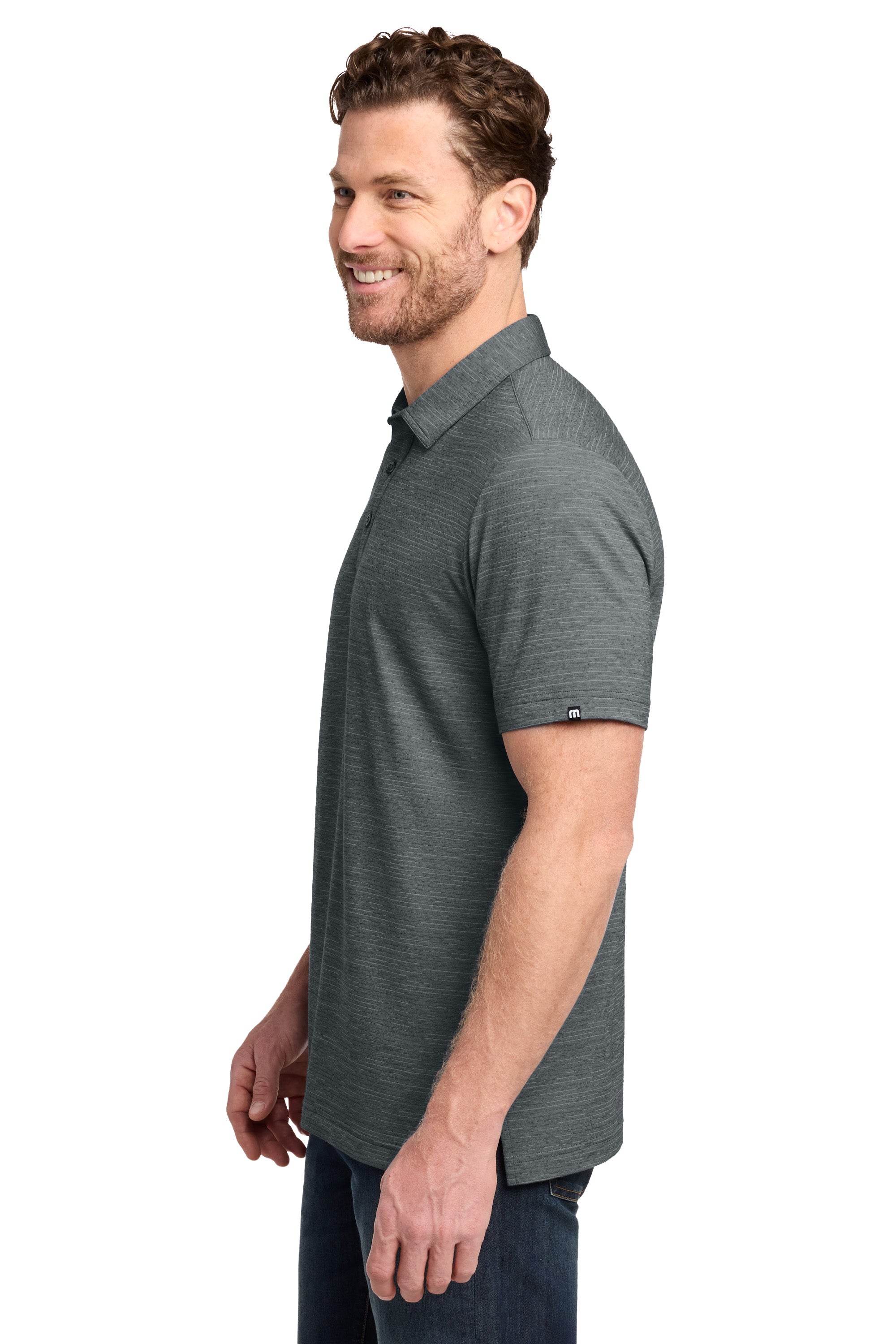 TravisMathew TMA46371 Mens Crestview Short Sleeve Polo Shirt Heather Grey Model Side