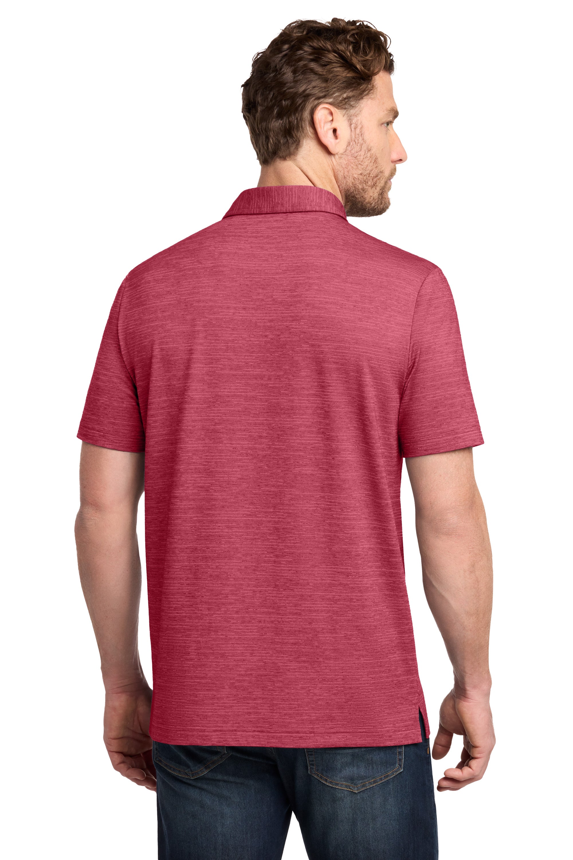 TravisMathew TMA46371 Mens Crestview Short Sleeve Polo Shirt Heather Scooter Red Model Back