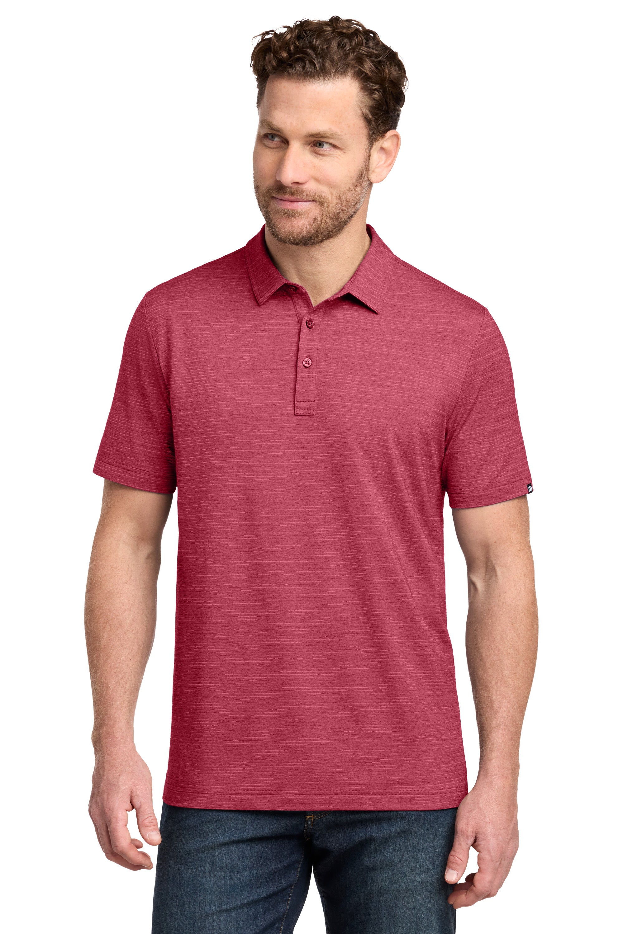 TravisMathew TMA46371 Mens Crestview Short Sleeve Polo Shirt Heather Scooter Red Model Front